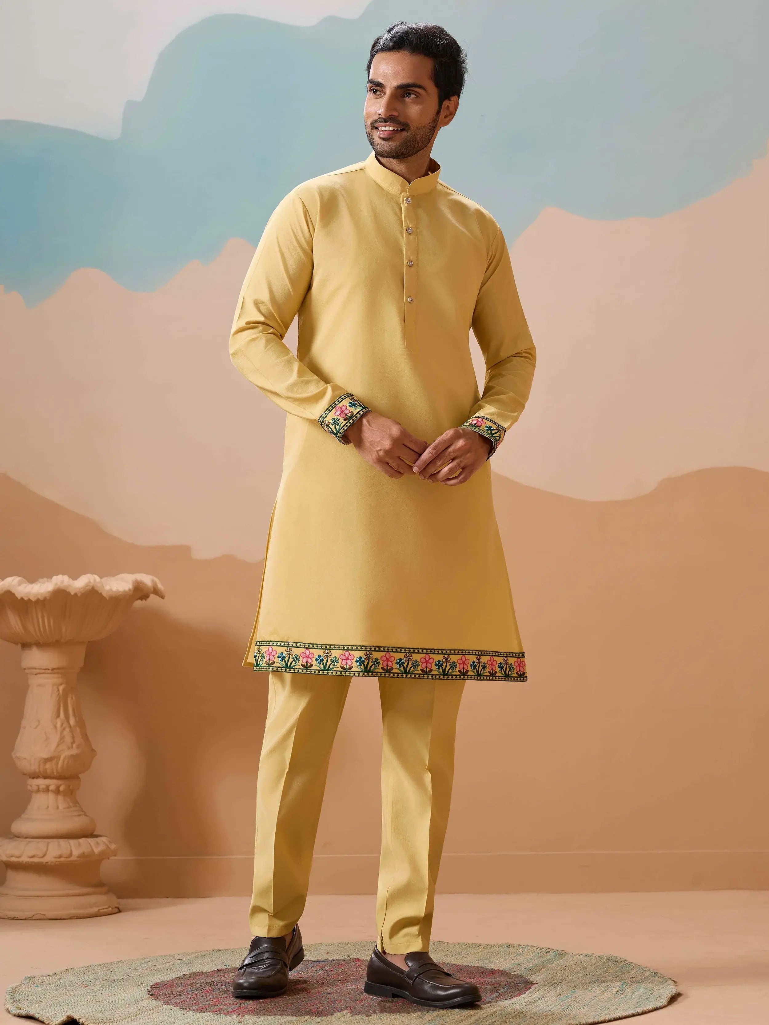 Awesome Yellow Thread Embroidered Silk Men's Kurta Set With Jacket