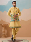 Awesome Yellow Thread Embroidered Silk Men's Kurta Set With Jacket
