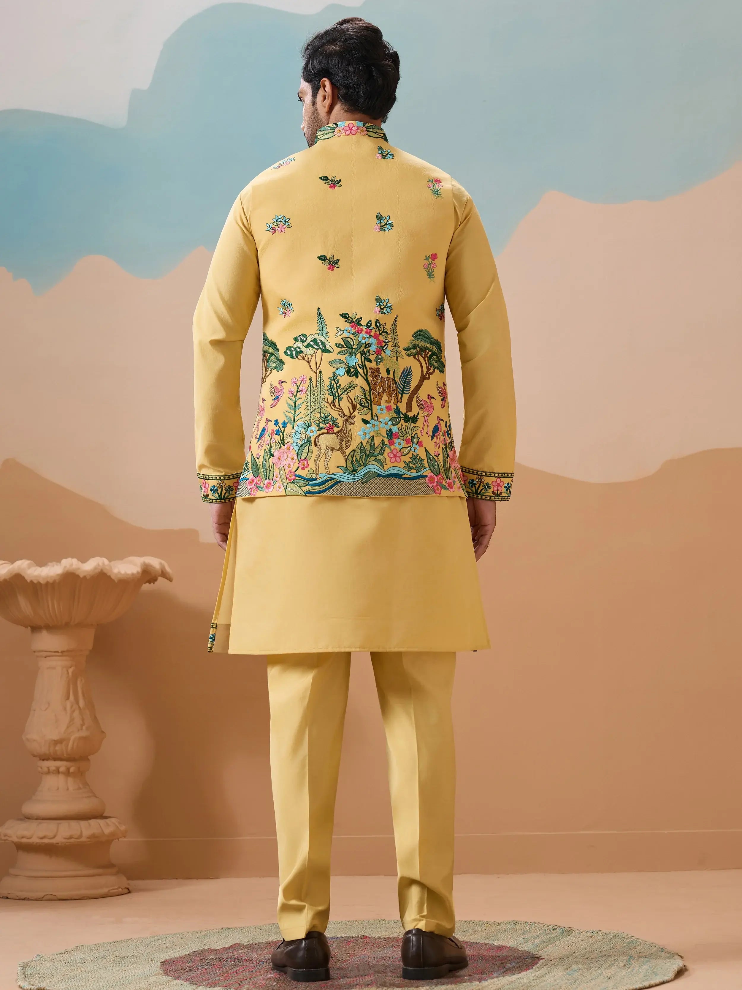 Awesome Yellow Thread Embroidered Silk Men’s Kurta Set With Jacket