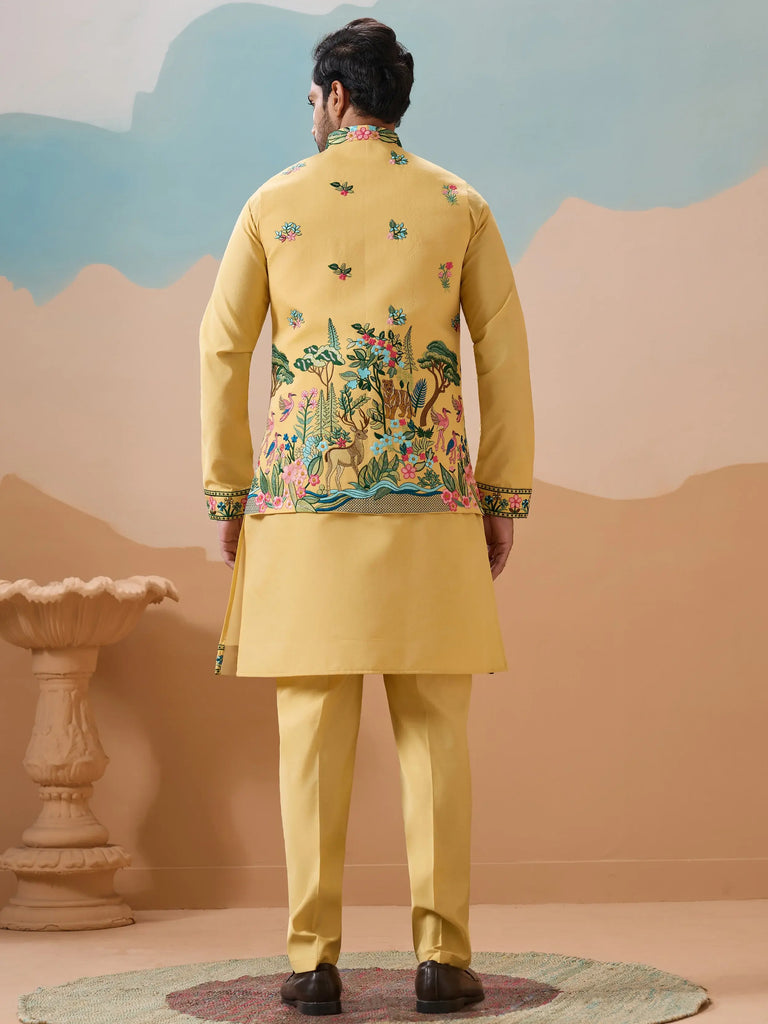 Awesome Yellow Thread Embroidered Silk Men’s Kurta Set With Jacket
