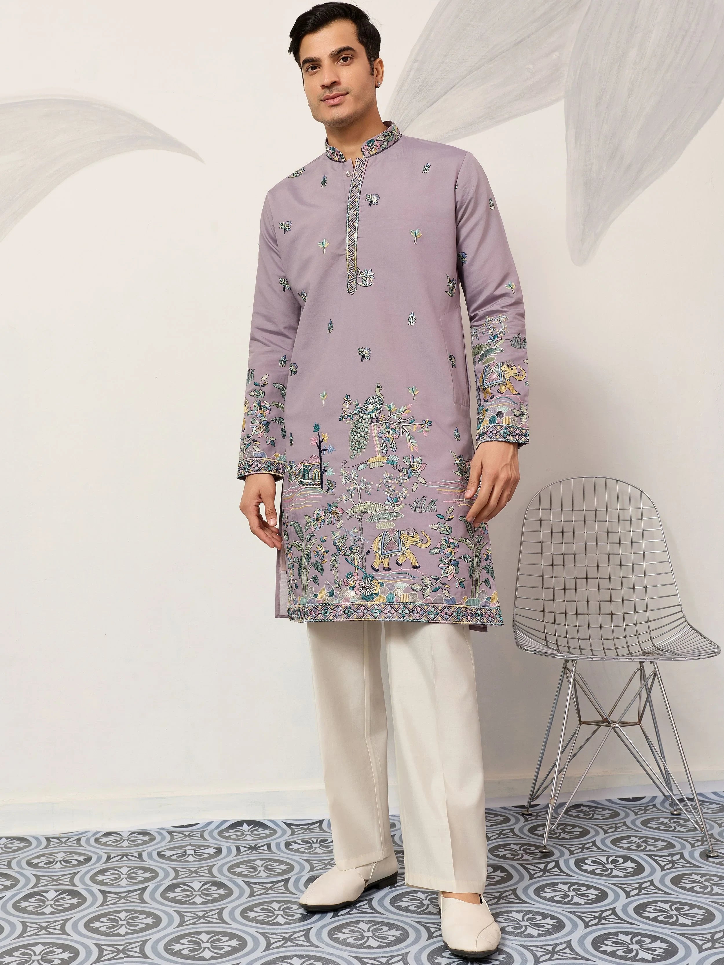 Amazing Purple Thread Embroidered Silk Function Wear Men’s Kurta 