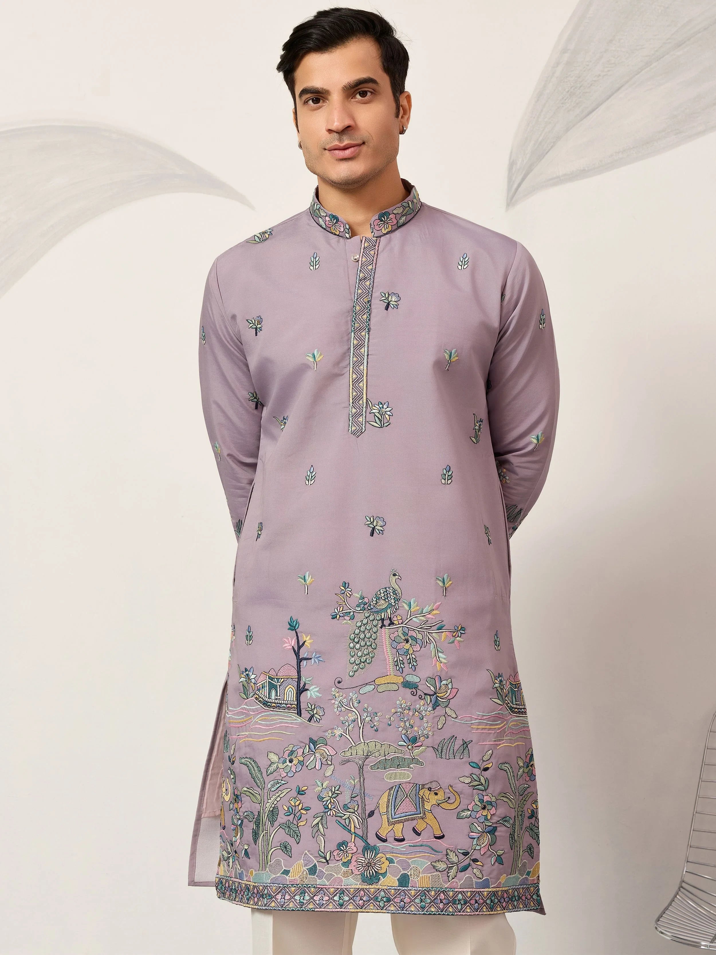 Amazing Purple Thread Embroidered Silk Function Wear Men’s Kurta 