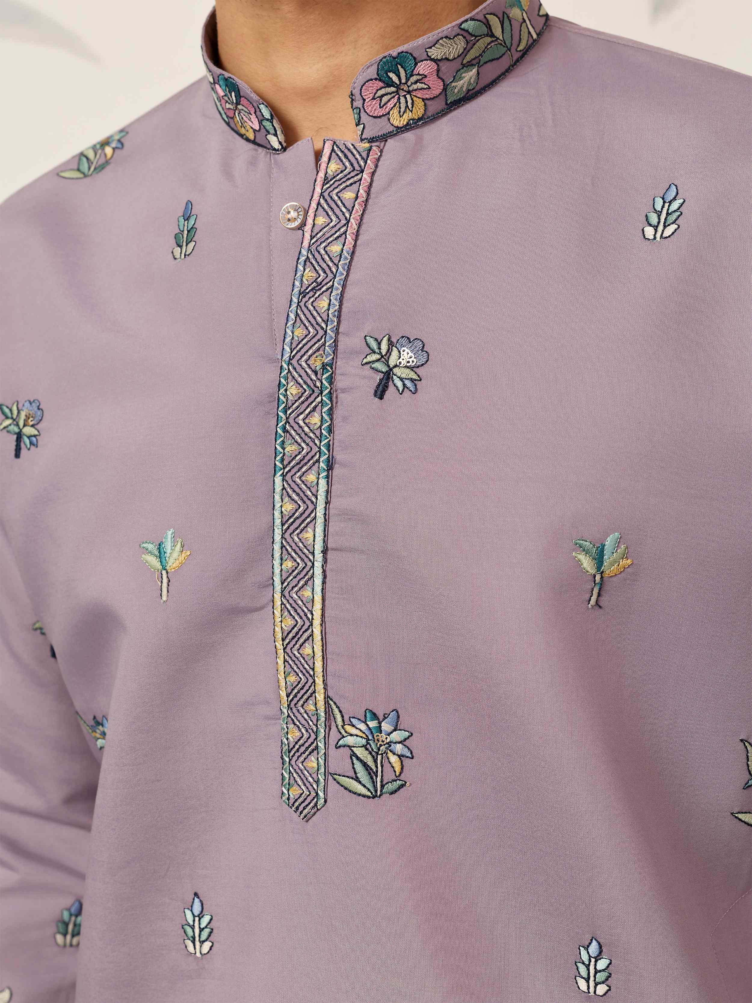 Amazing Purple Thread Embroidered Silk Function Wear Men’s Kurta 