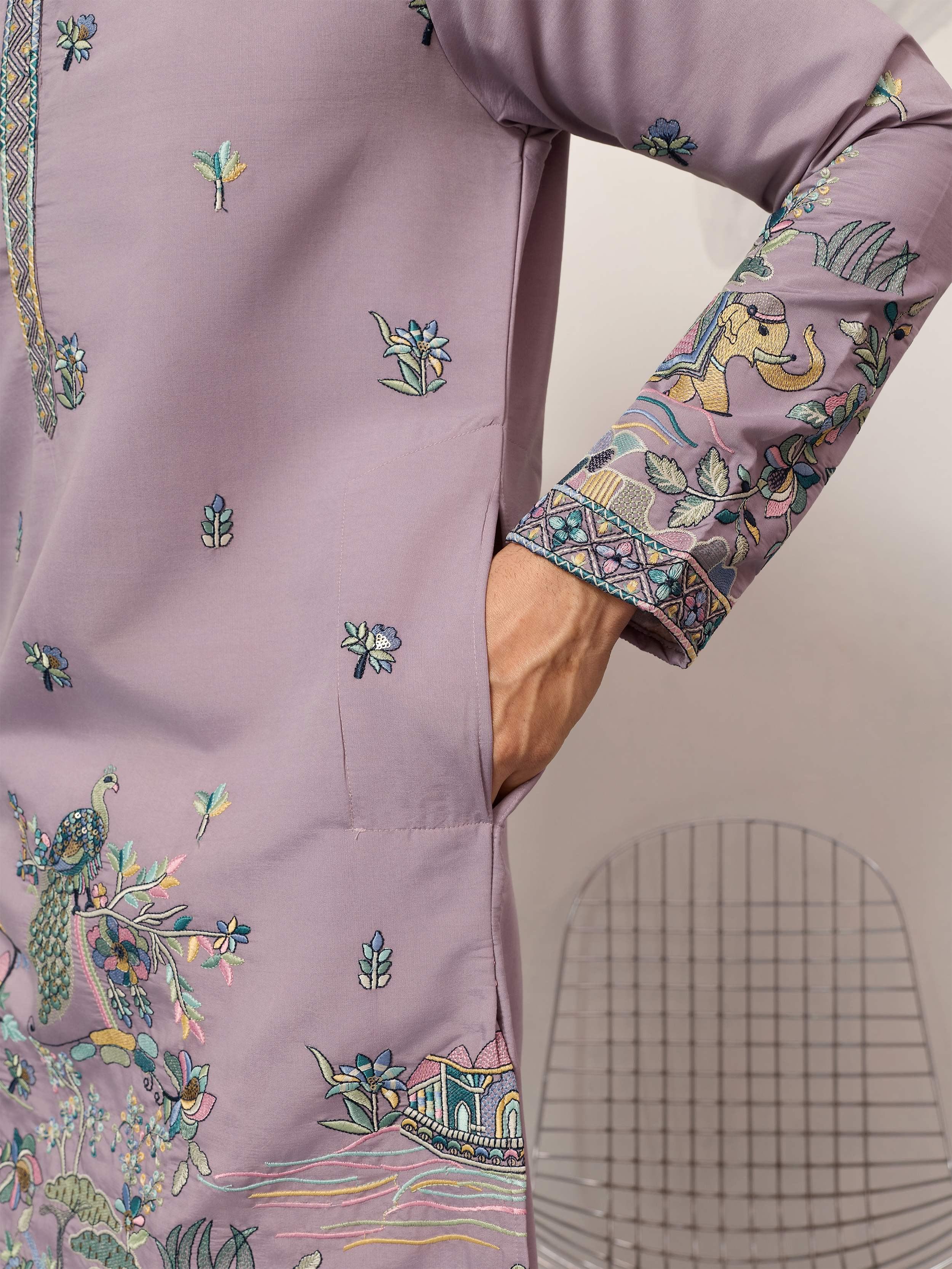 Amazing Purple Thread Embroidered Silk Function Wear Men’s Kurta 