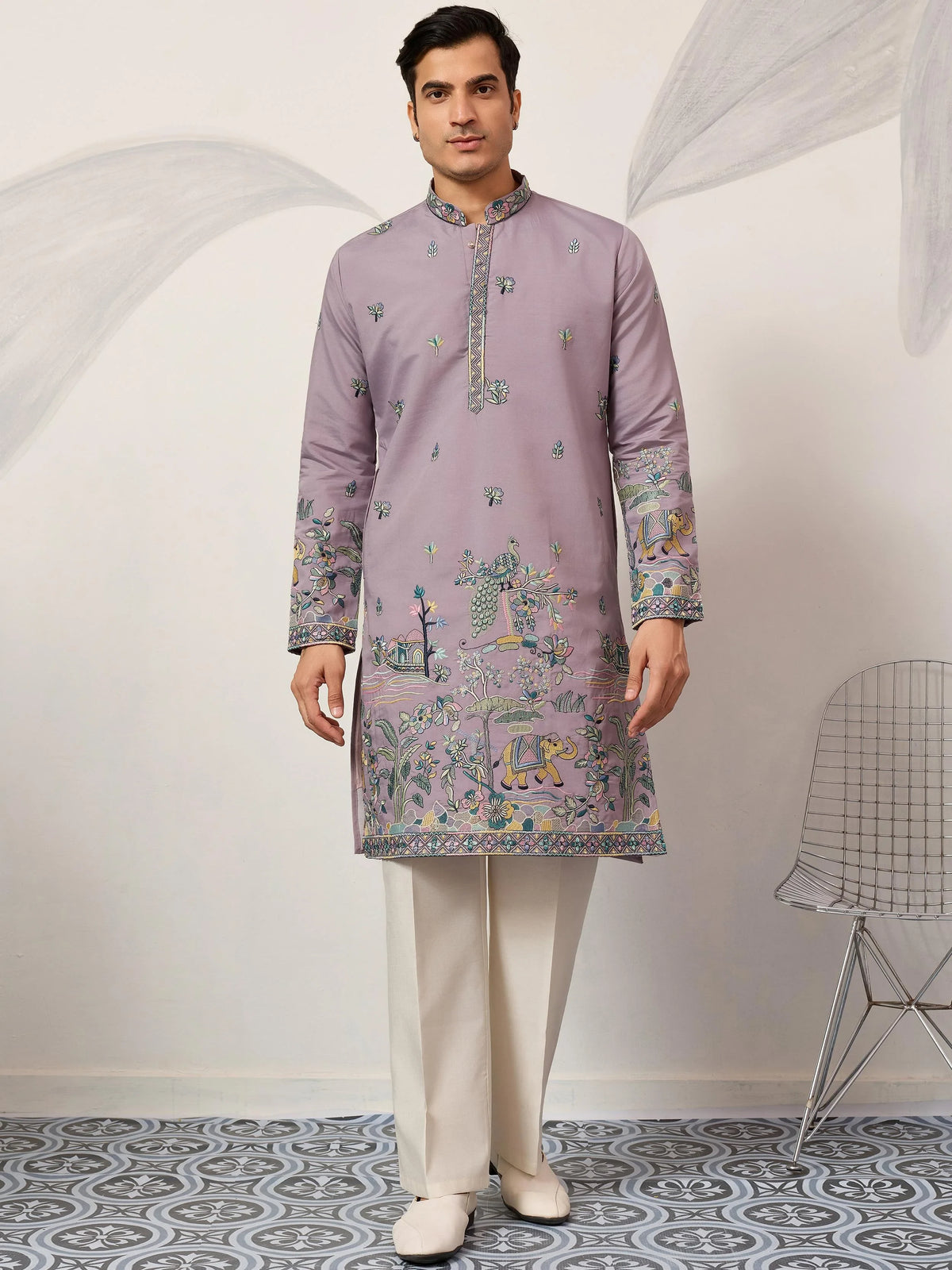 Amazing Purple Thread Embroidered Silk Function Wear Men’s Kurta 