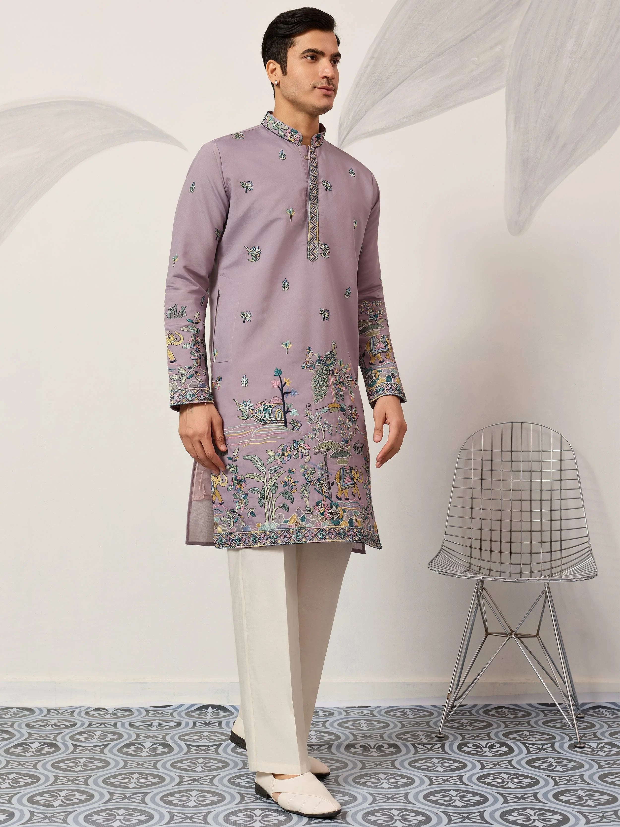 Amazing Purple Thread Embroidered Silk Function Wear Men’s Kurta 
