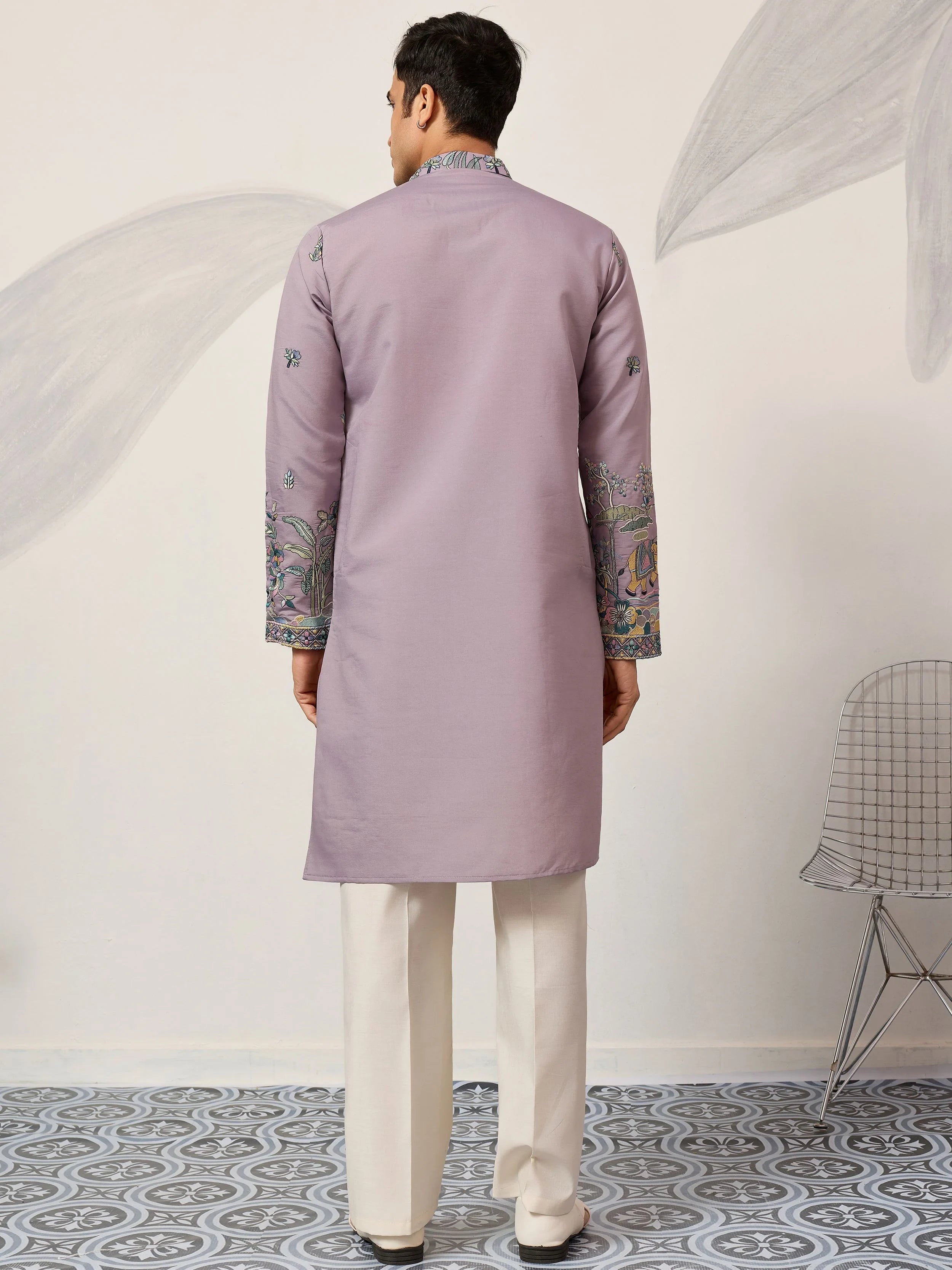 Amazing Purple Thread Embroidered Silk Function Wear Men’s Kurta 