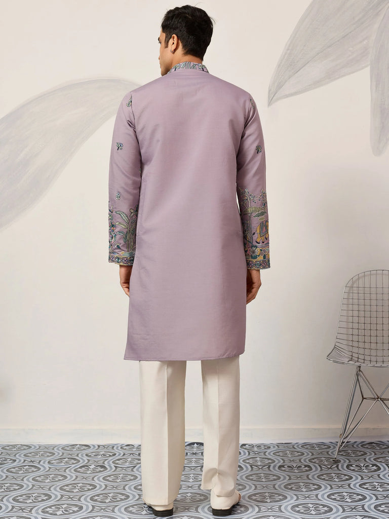 Amazing Purple Thread Embroidered Silk Function Wear Men’s Kurta 