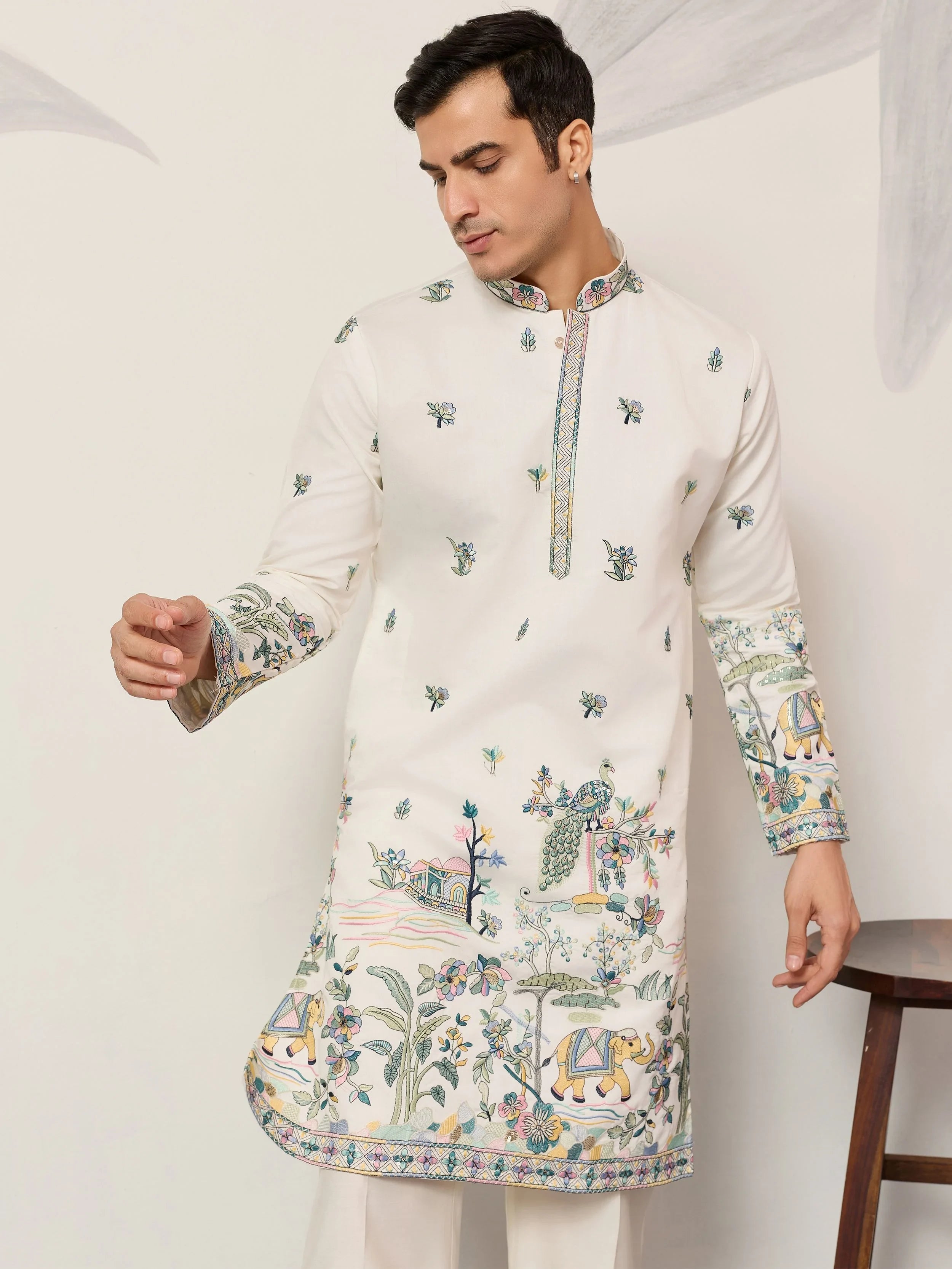 Beautiful White Thread Embroidered Silk Festival Wear Men’s Kurta 