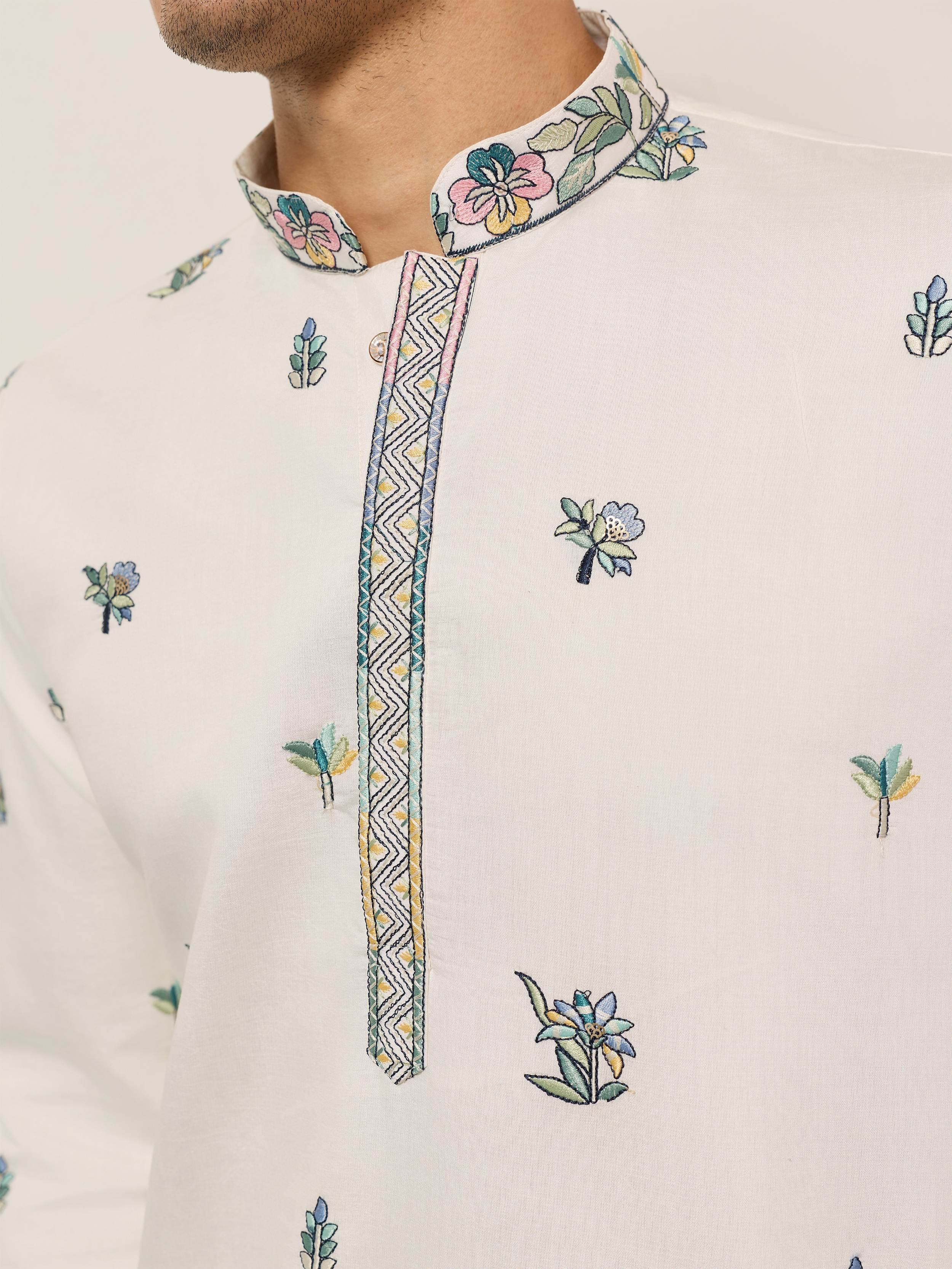 Beautiful White Thread Embroidered Silk Festival Wear Men’s Kurta 