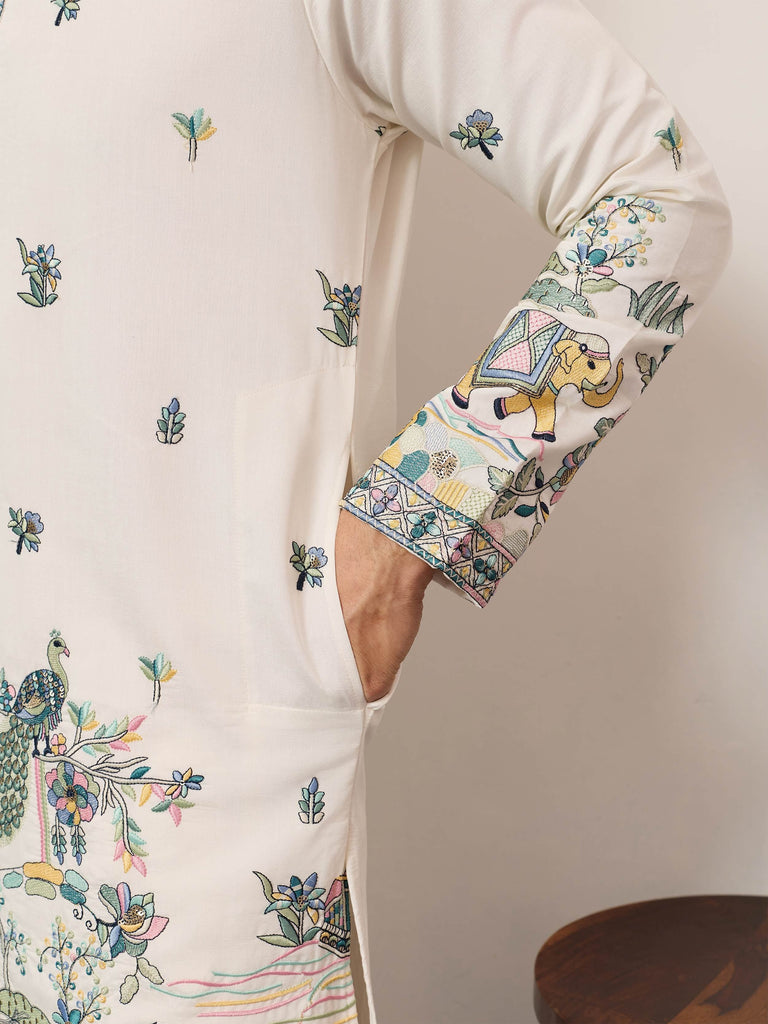 Beautiful White Thread Embroidered Silk Festival Wear Men’s Kurta 