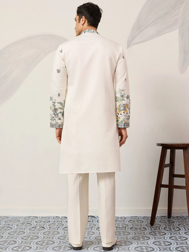 Beautiful White Thread Embroidered Silk Festival Wear Men’s Kurta 