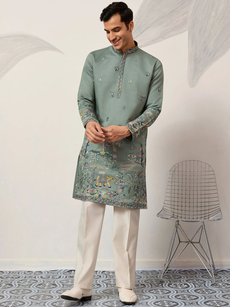 Charming Green Thread Embroidered Silk Wedding Wear Men’s Kurta 