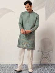 Charming Green Thread Embroidered Silk Wedding Wear Men’s Kurta 