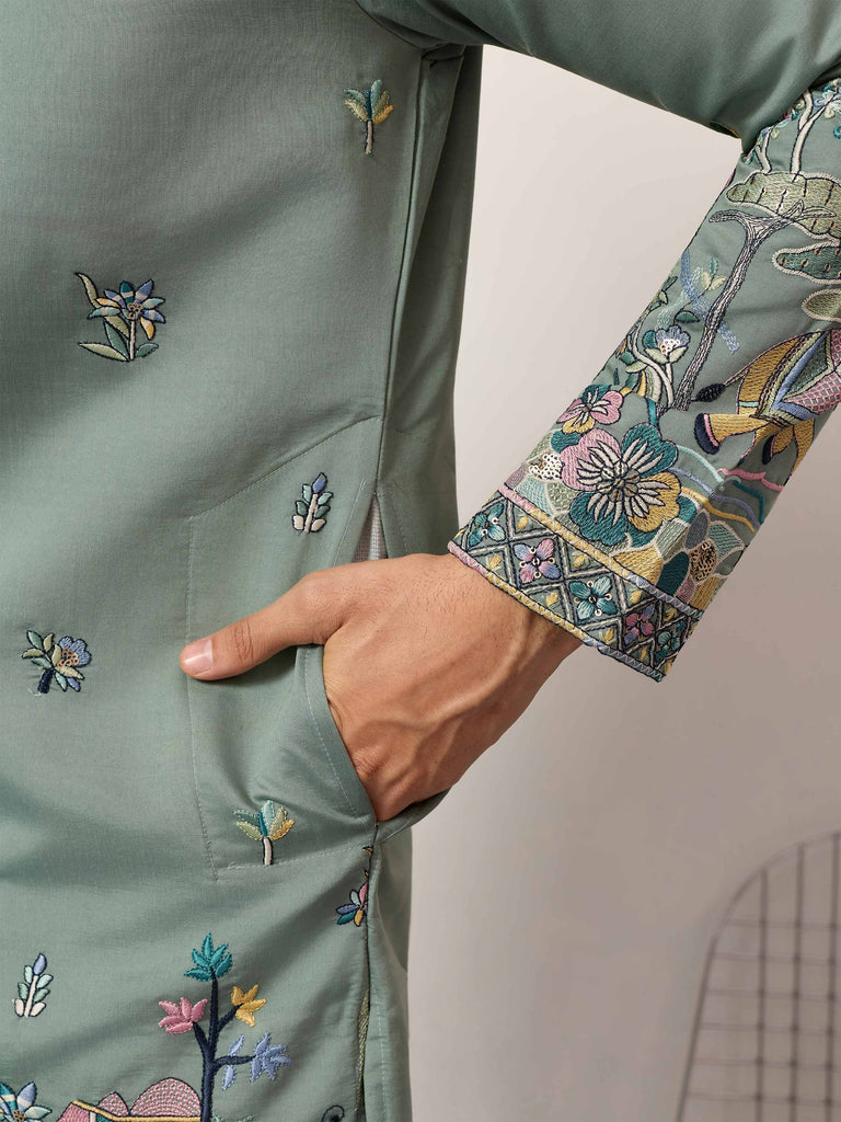 Charming Green Thread Embroidered Silk Wedding Wear Men’s Kurta 
