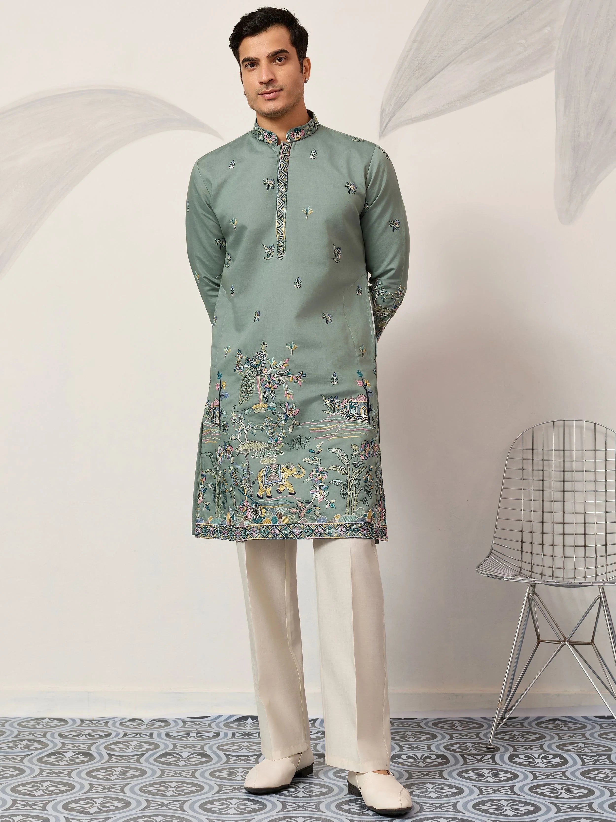 Charming Green Thread Embroidered Silk Wedding Wear Men’s Kurta 