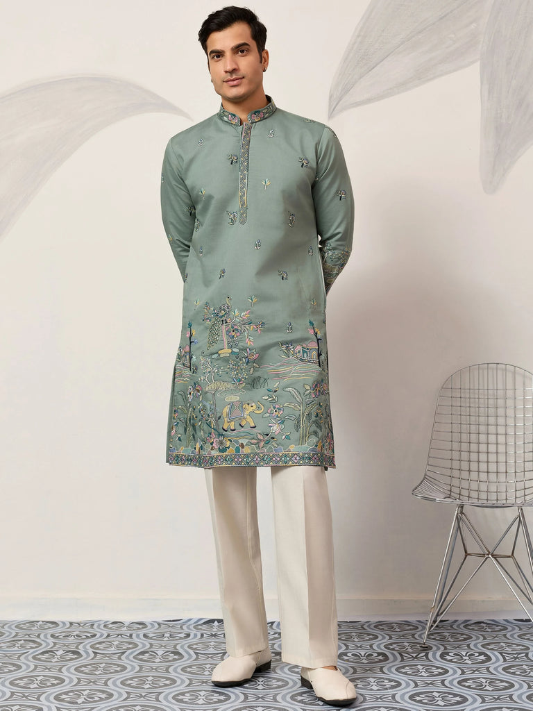 Charming Green Thread Embroidered Silk Wedding Wear Men’s Kurta 