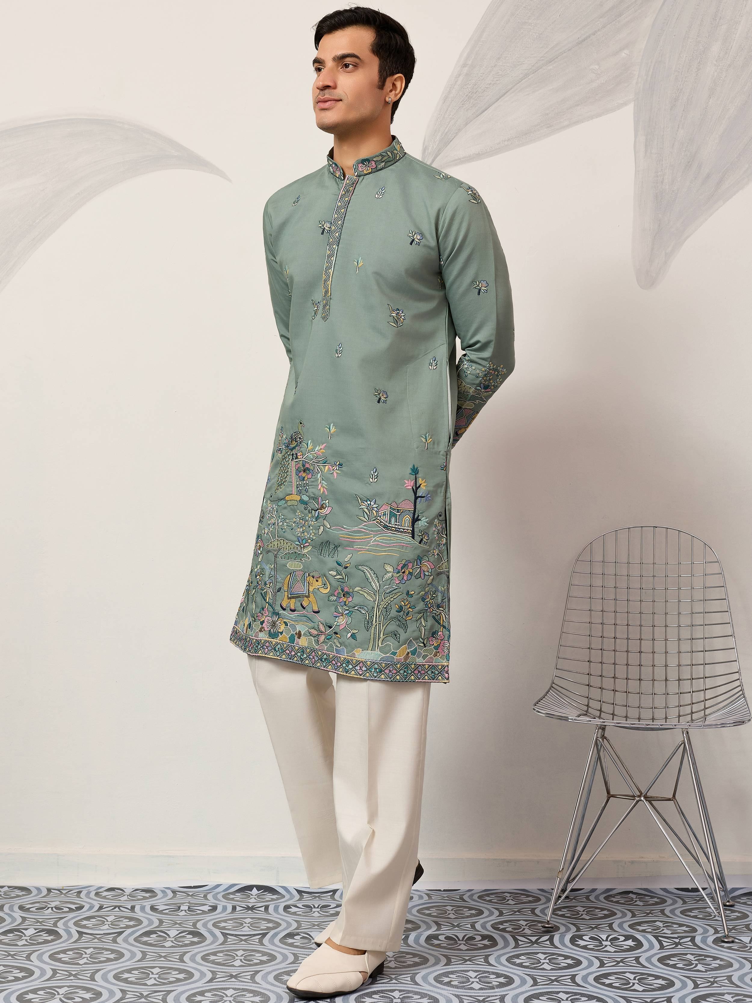 Charming Green Thread Embroidered Silk Wedding Wear Men’s Kurta 