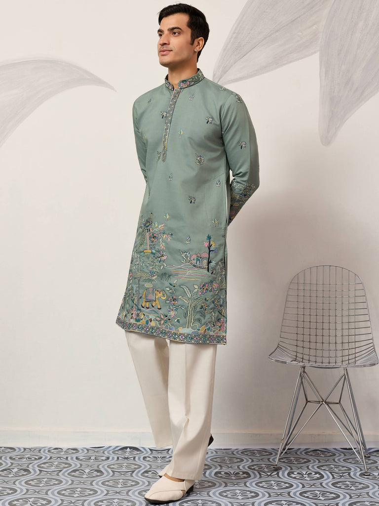 Charming Green Thread Embroidered Silk Wedding Wear Men’s Kurta 