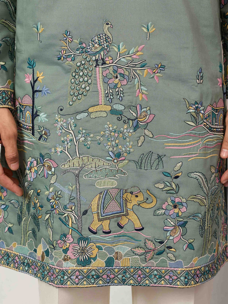 Charming Green Thread Embroidered Silk Wedding Wear Men’s Kurta 