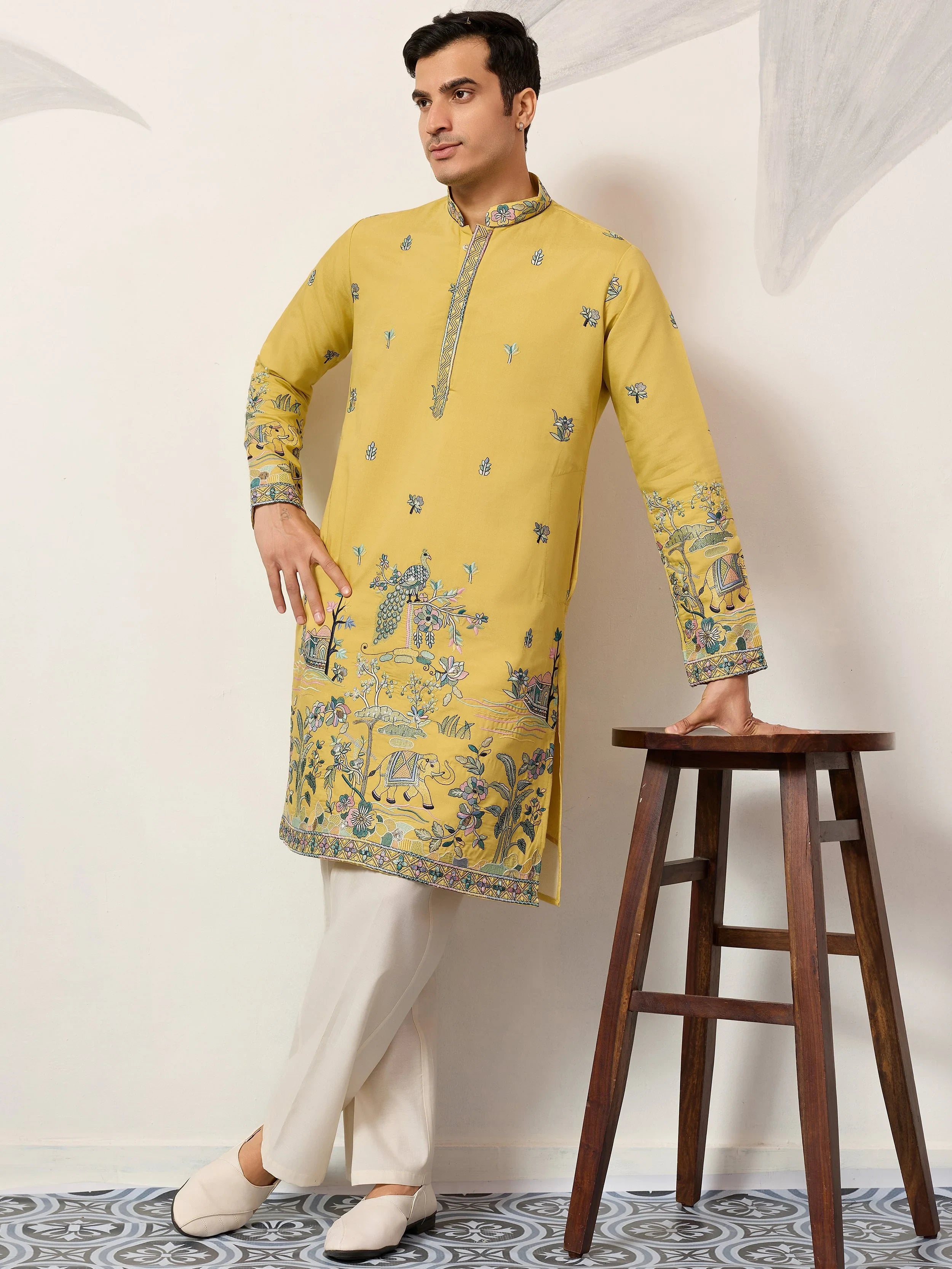 Dazzling Yellow Thread Embroidered Silk Haldi Wear Men’s Kurta 