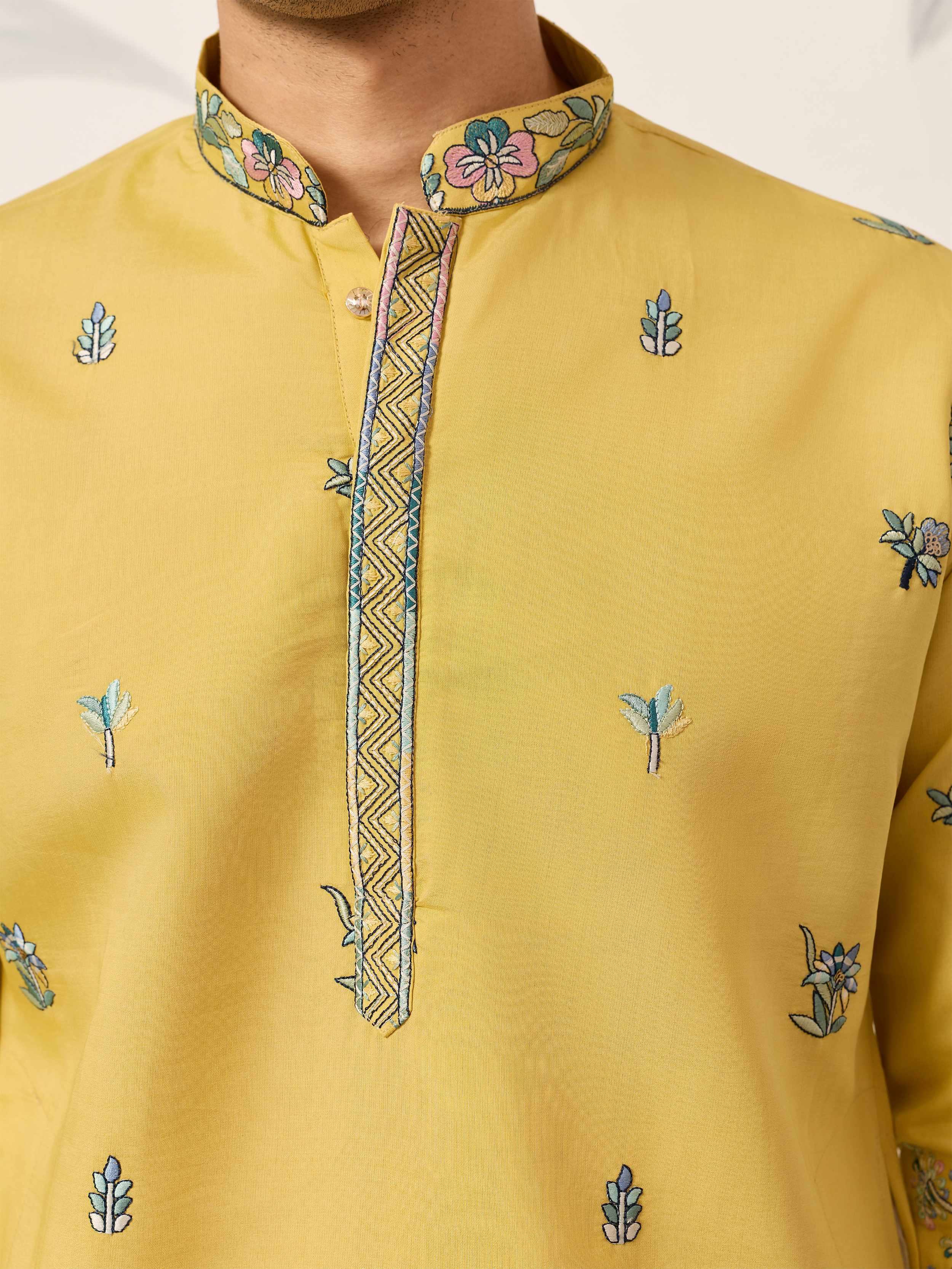 Dazzling Yellow Thread Embroidered Silk Haldi Wear Men’s Kurta 