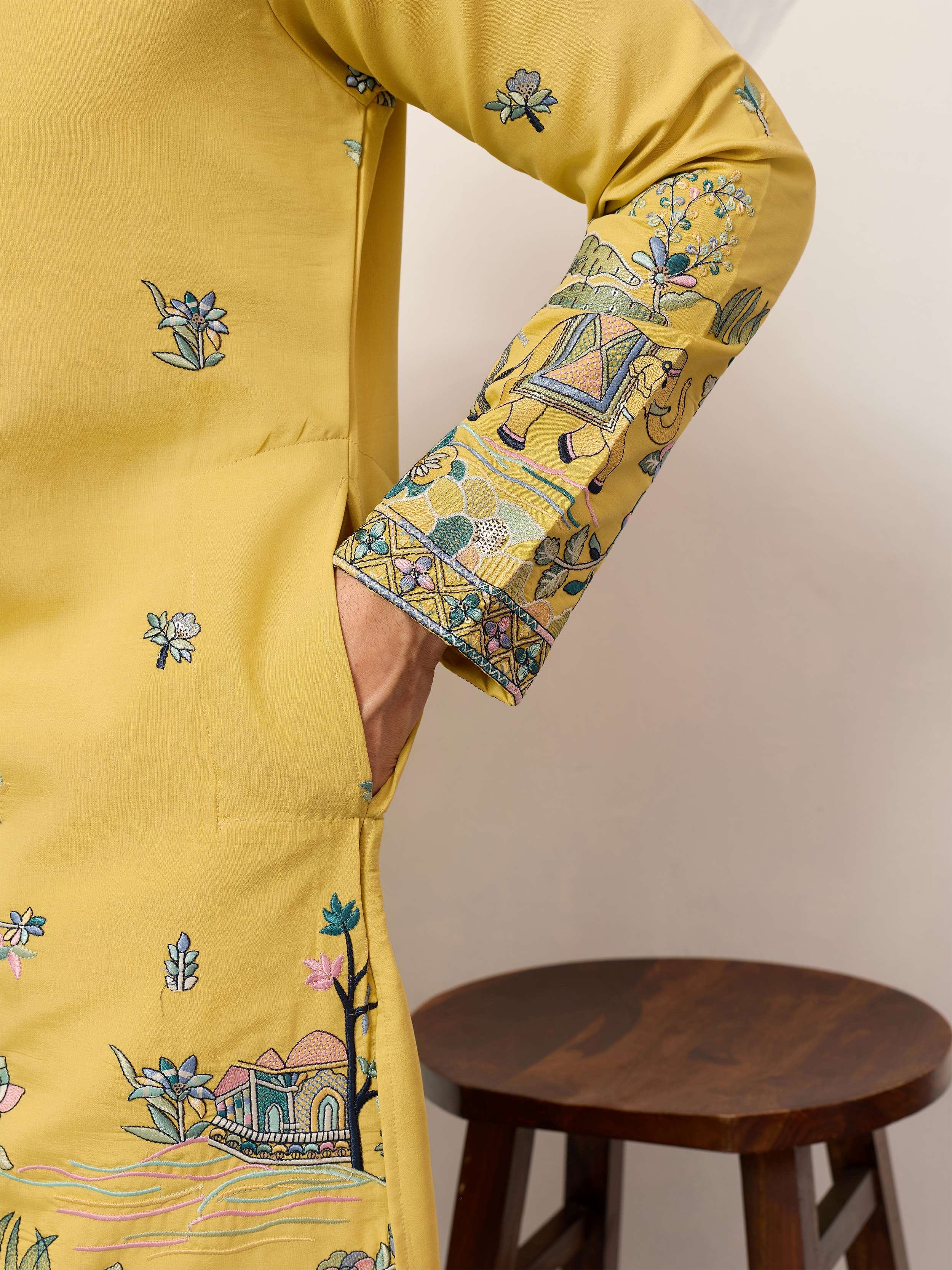 Dazzling Yellow Thread Embroidered Silk Haldi Wear Men’s Kurta 