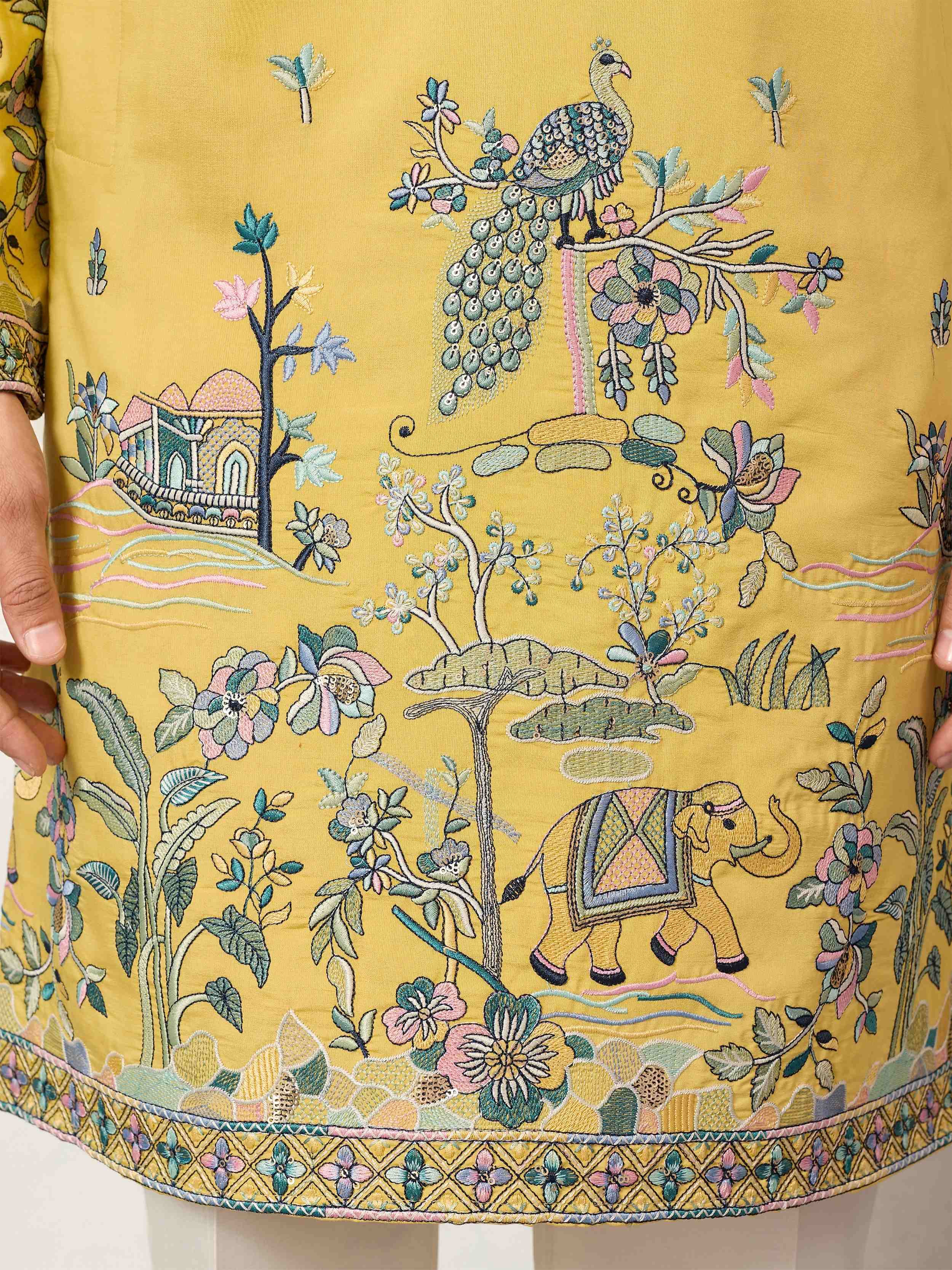 Dazzling Yellow Thread Embroidered Silk Haldi Wear Men’s Kurta 