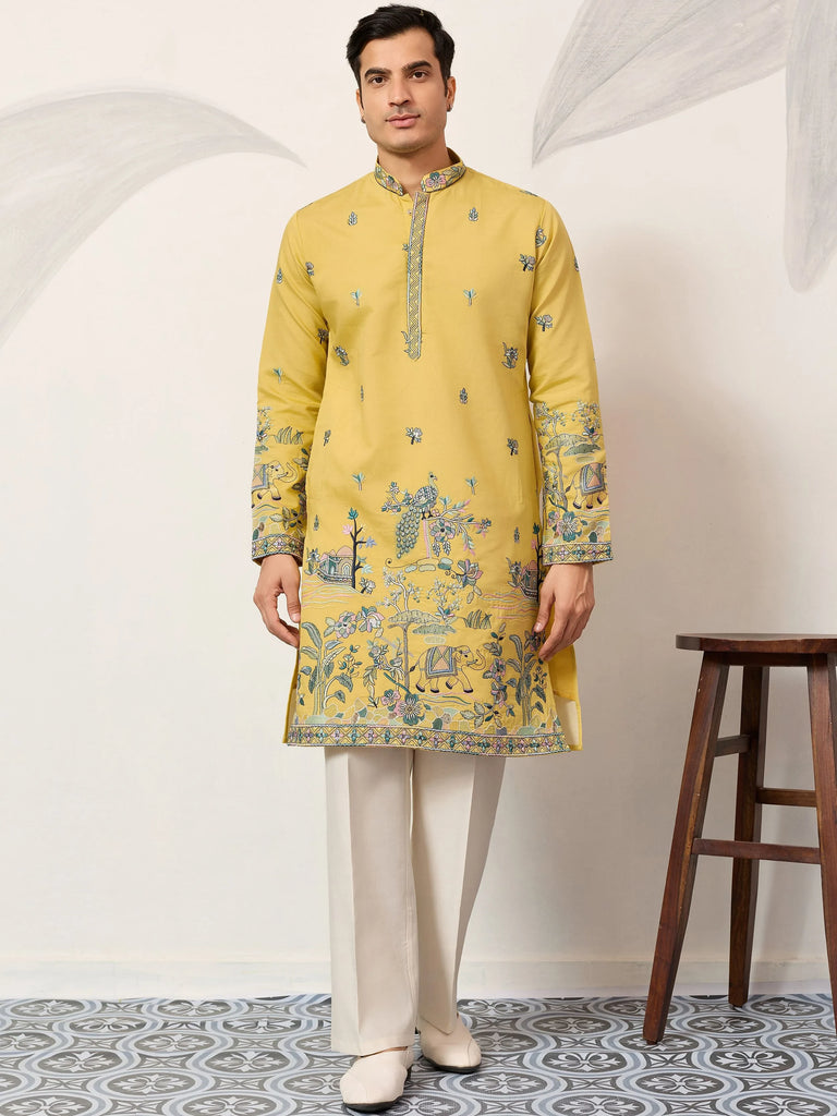 Dazzling Yellow Thread Embroidered Silk Haldi Wear Men’s Kurta 
