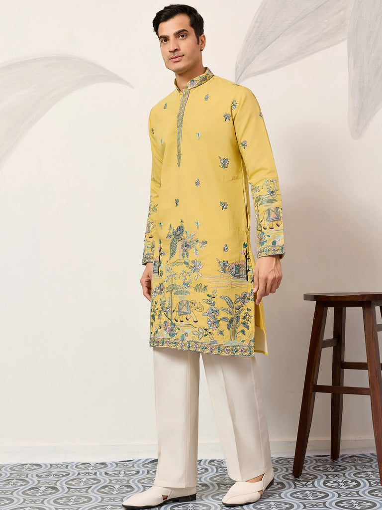 Dazzling Yellow Thread Embroidered Silk Haldi Wear Men’s Kurta 