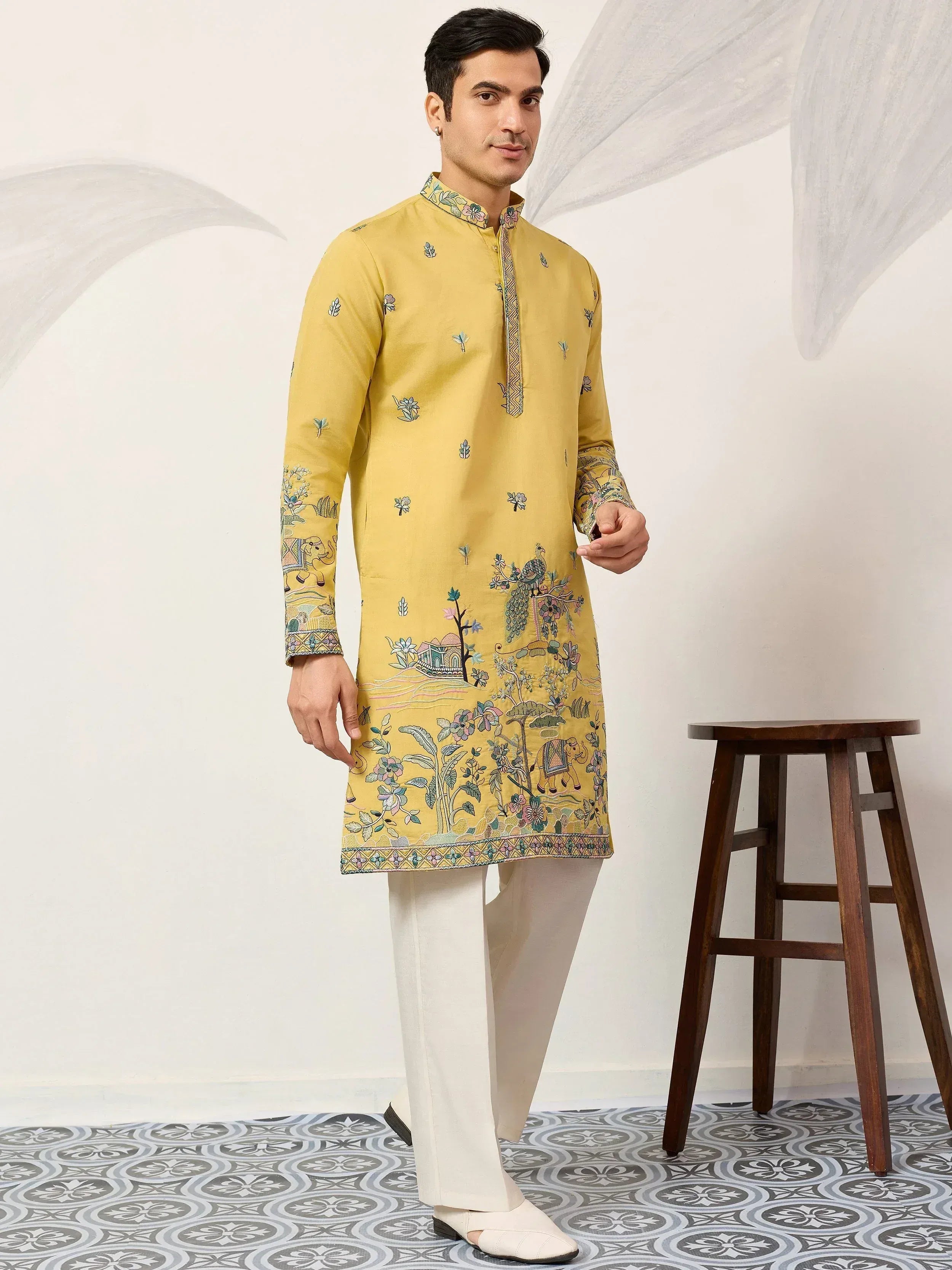Dazzling Yellow Thread Embroidered Silk Haldi Wear Men’s Kurta 