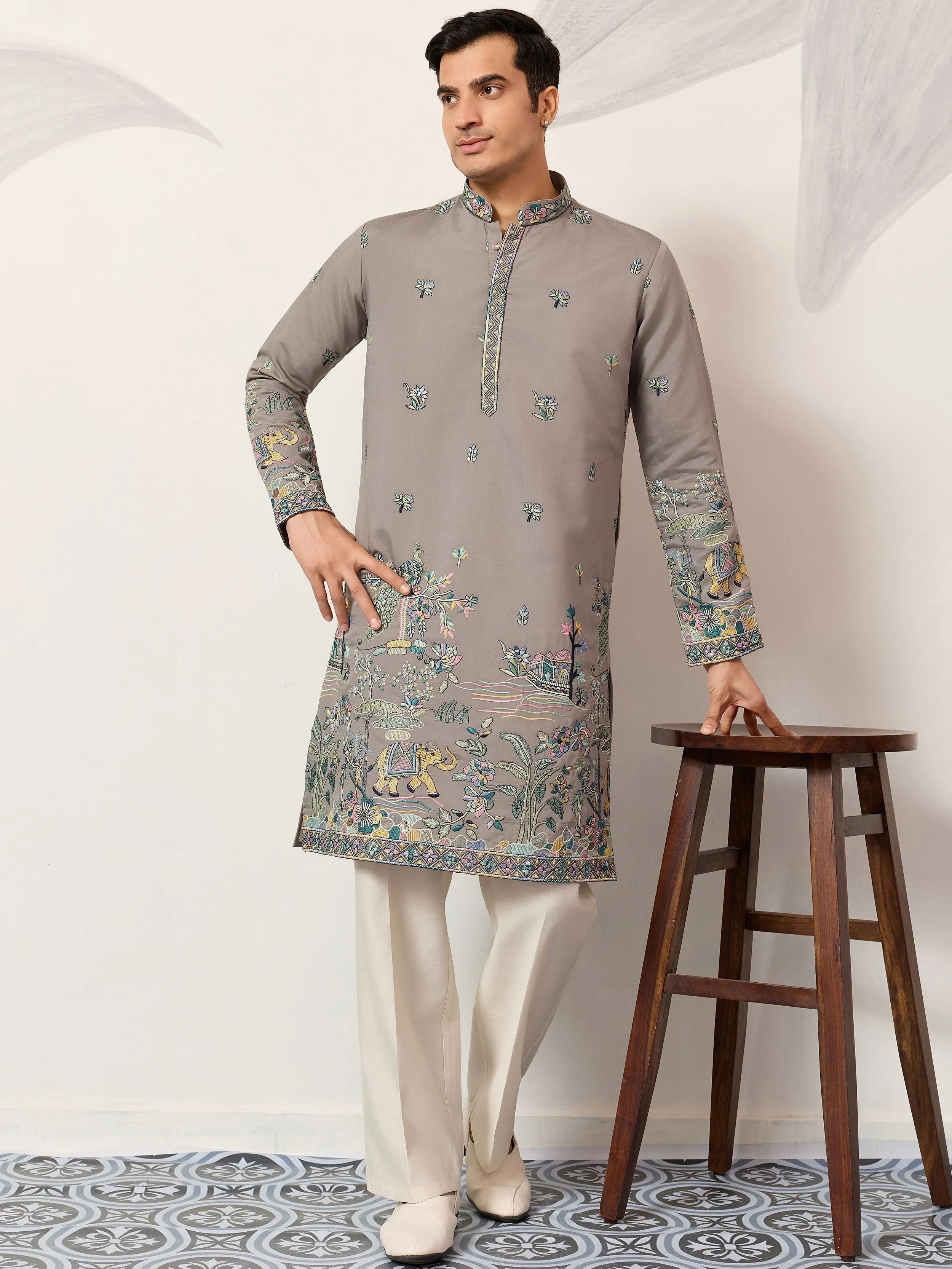 Stunning Grey Thread Embroidered Silk Wedding Wear Men’s Kurta 