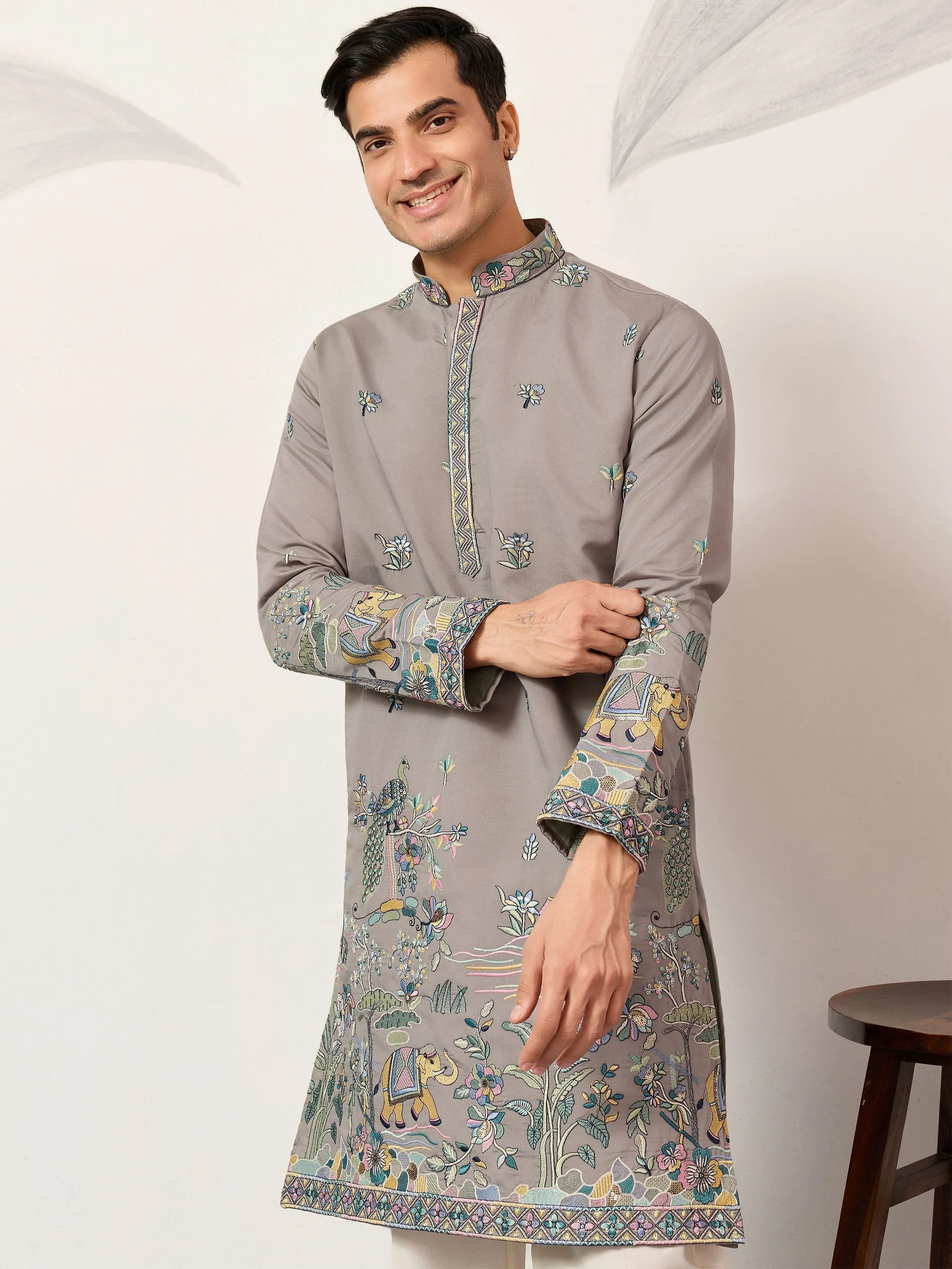 Stunning Grey Thread Embroidered Silk Wedding Wear Men’s Kurta 