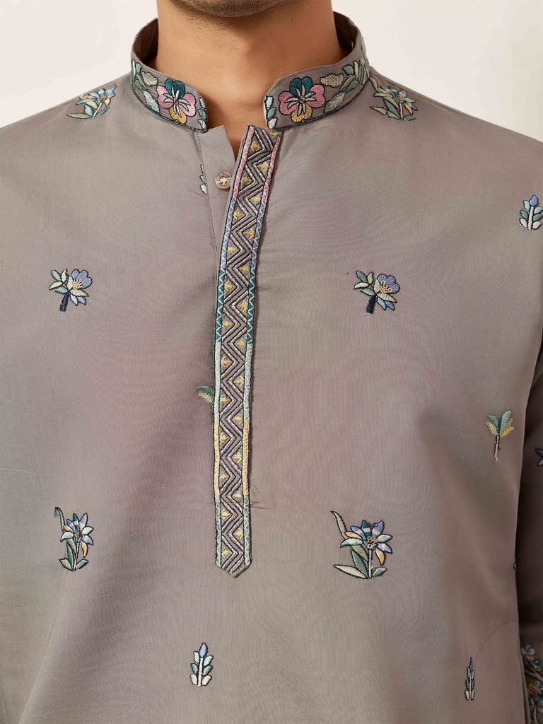 Stunning Grey Thread Embroidered Silk Wedding Wear Men’s Kurta 