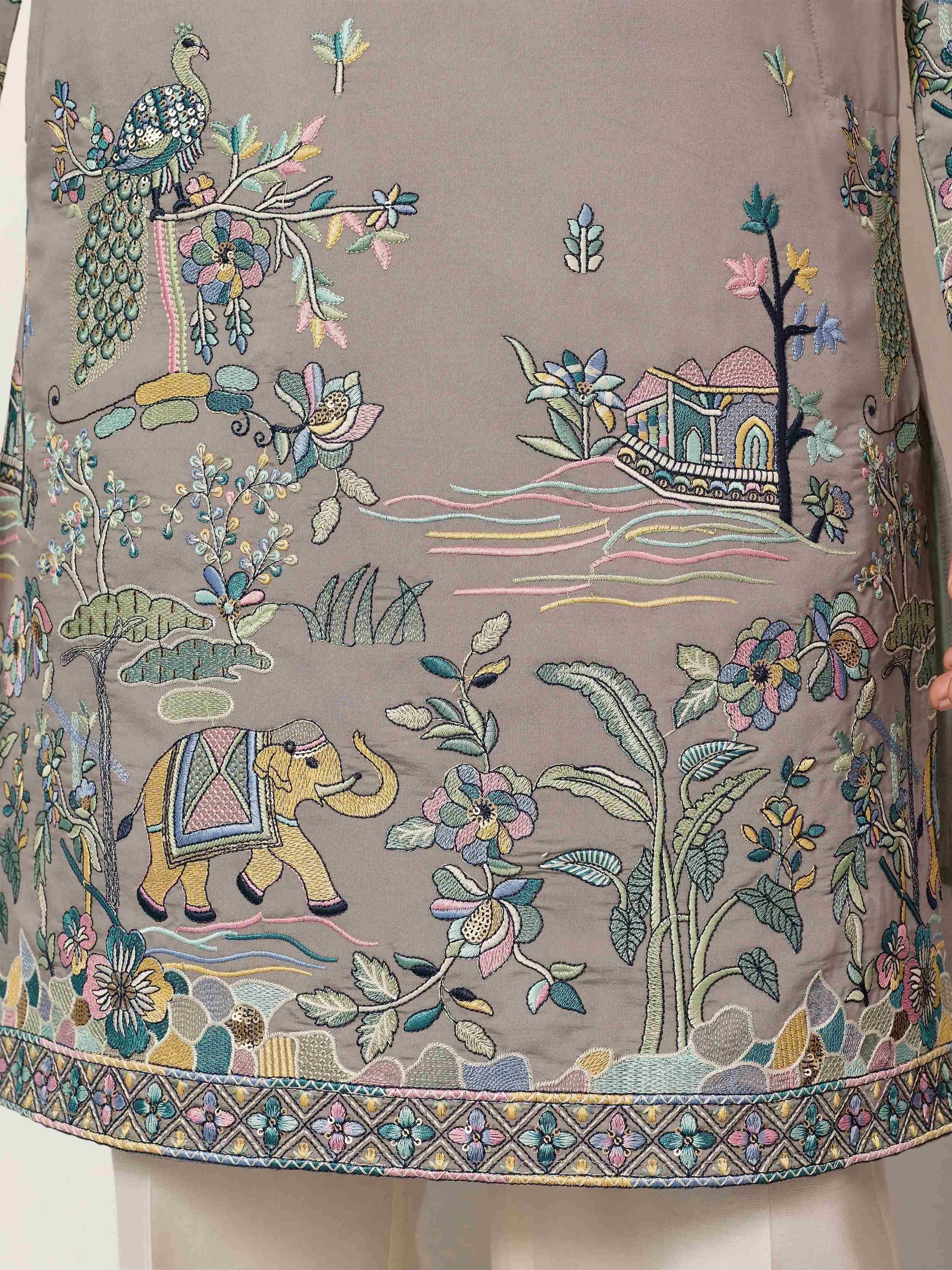 Stunning Grey Thread Embroidered Silk Wedding Wear Men’s Kurta 