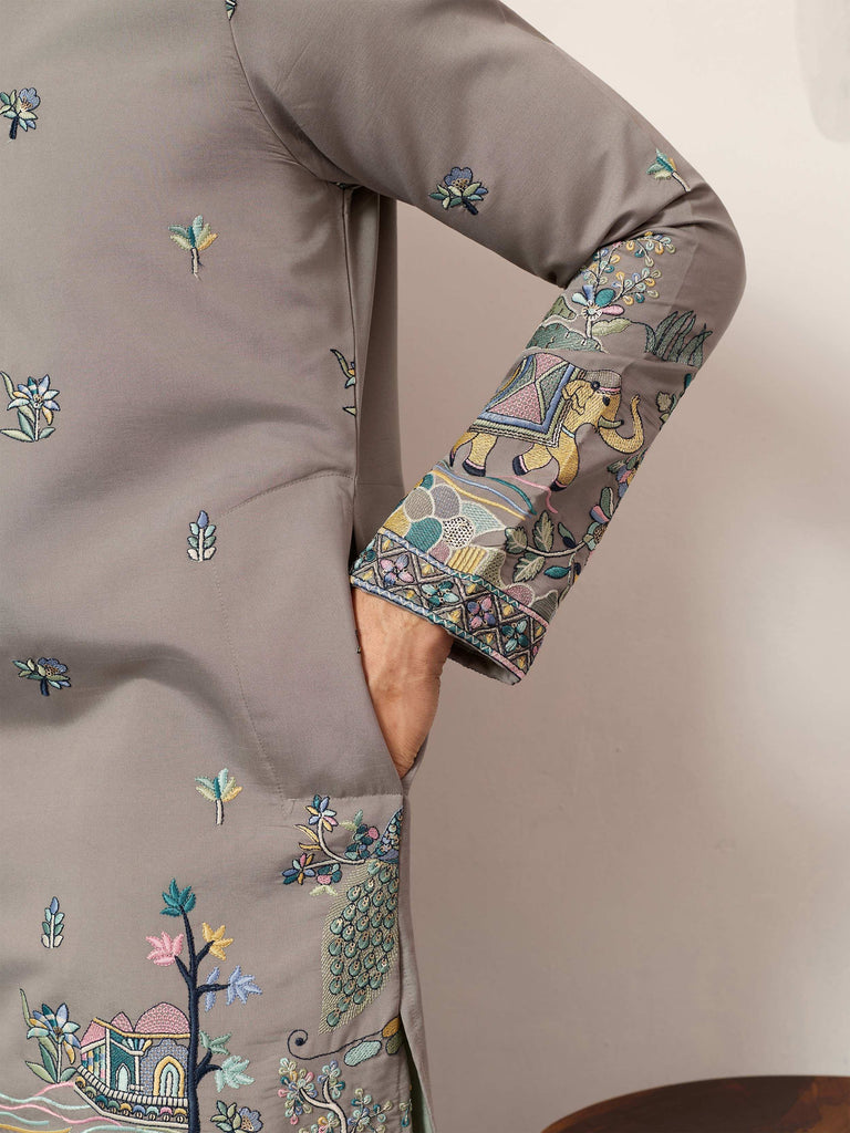 Stunning Grey Thread Embroidered Silk Wedding Wear Men’s Kurta