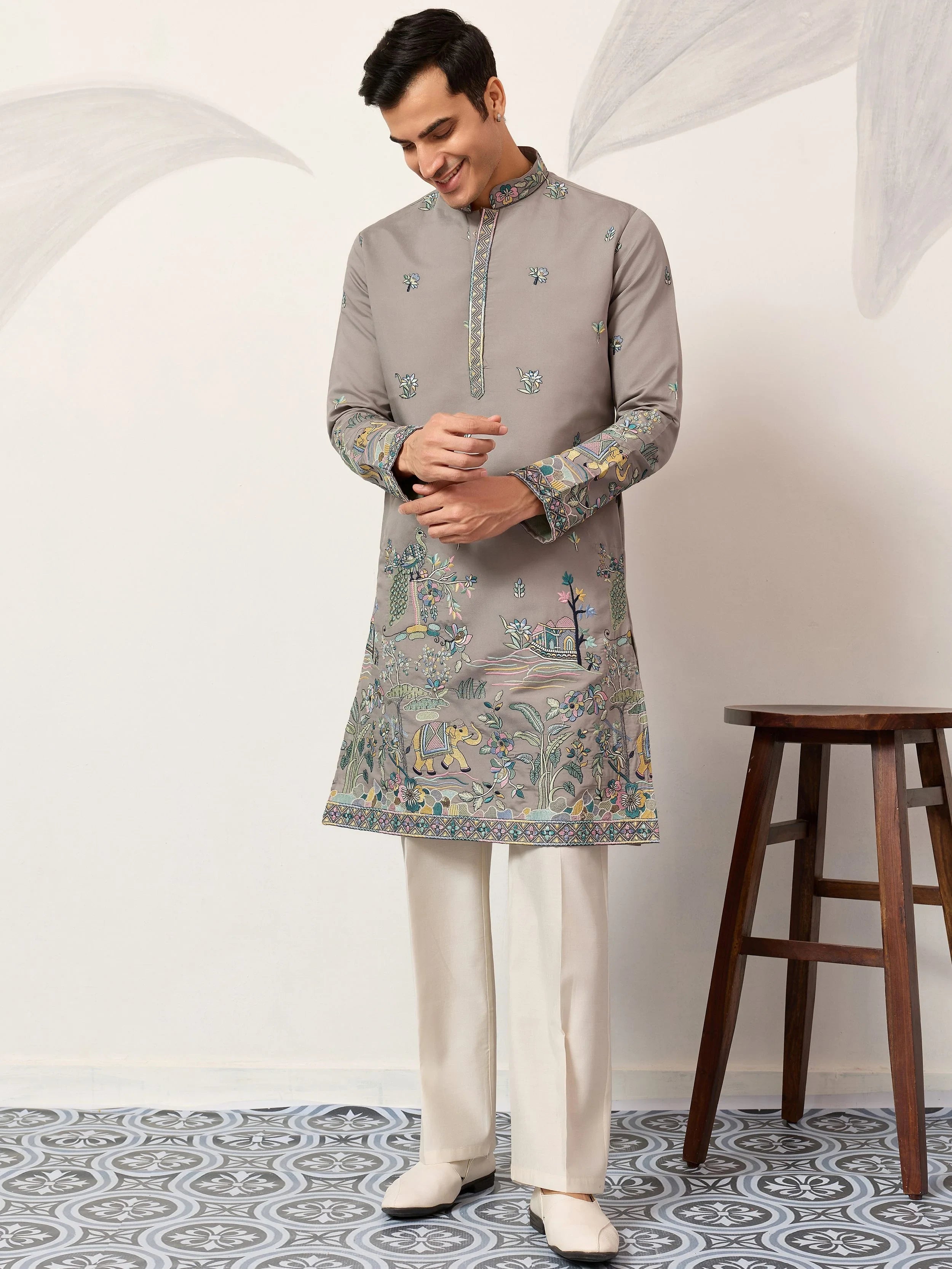 Stunning Grey Thread Embroidered Silk Wedding Wear Men’s Kurta 