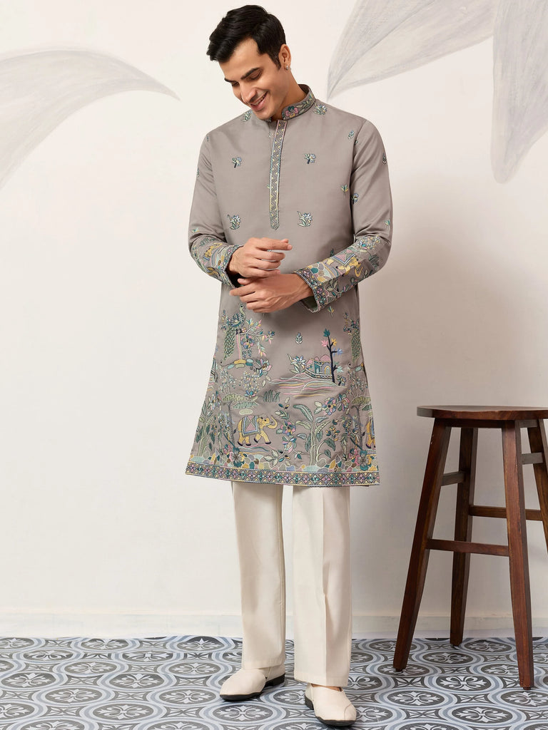 Stunning Grey Thread Embroidered Silk Wedding Wear Men’s Kurta 