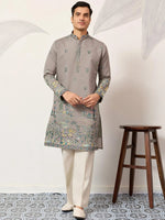 Stunning Grey Thread Embroidered Silk Wedding Wear Men’s Kurta