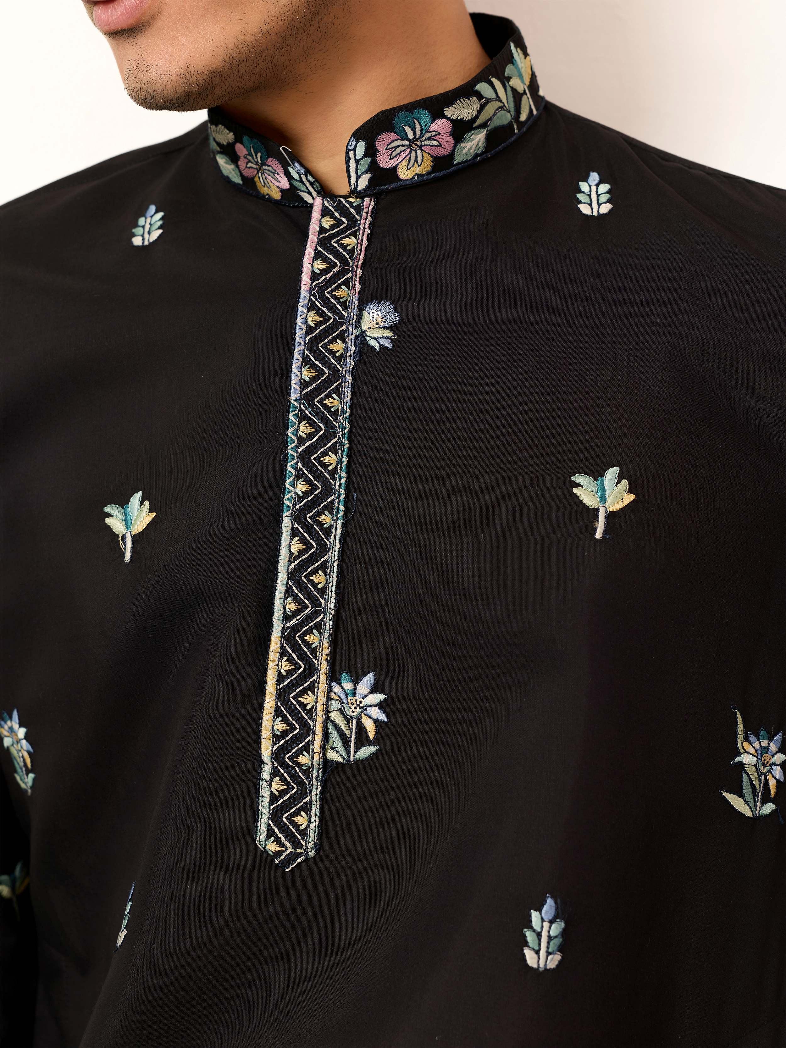Impressive Black Thread Embroidered Silk Function Wear Men’s Kurta 