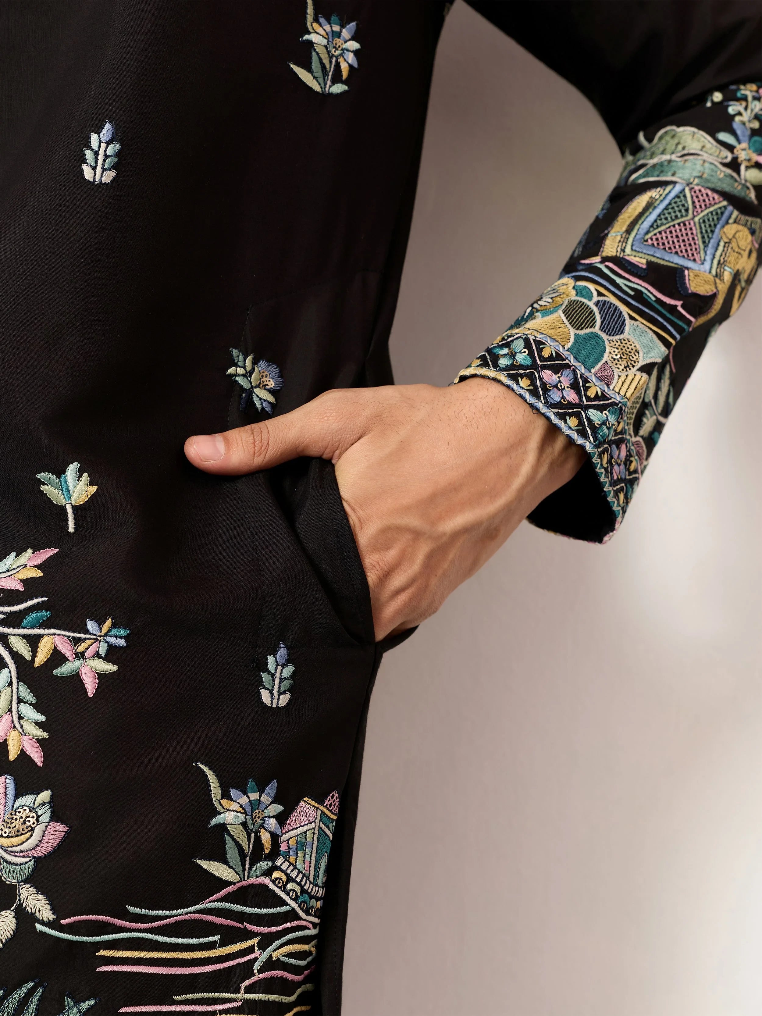 Impressive Black Thread Embroidered Silk Function Wear Men’s Kurta 
