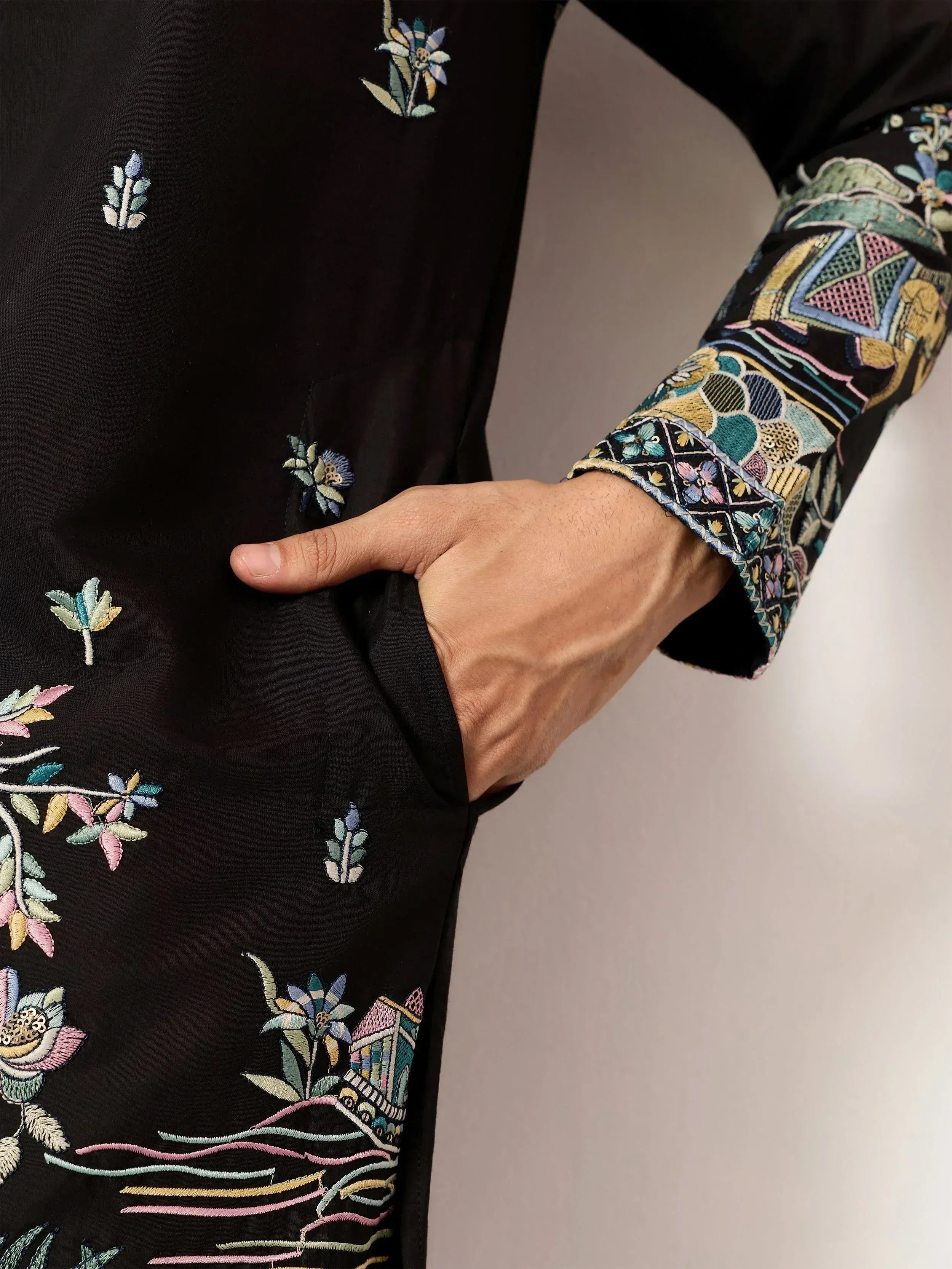 Impressive Black Thread Embroidered Silk Function Wear Men’s Kurta 