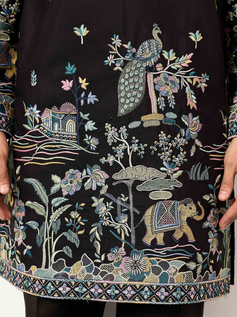 Impressive Black Thread Embroidered Silk Function Wear Men’s Kurta 