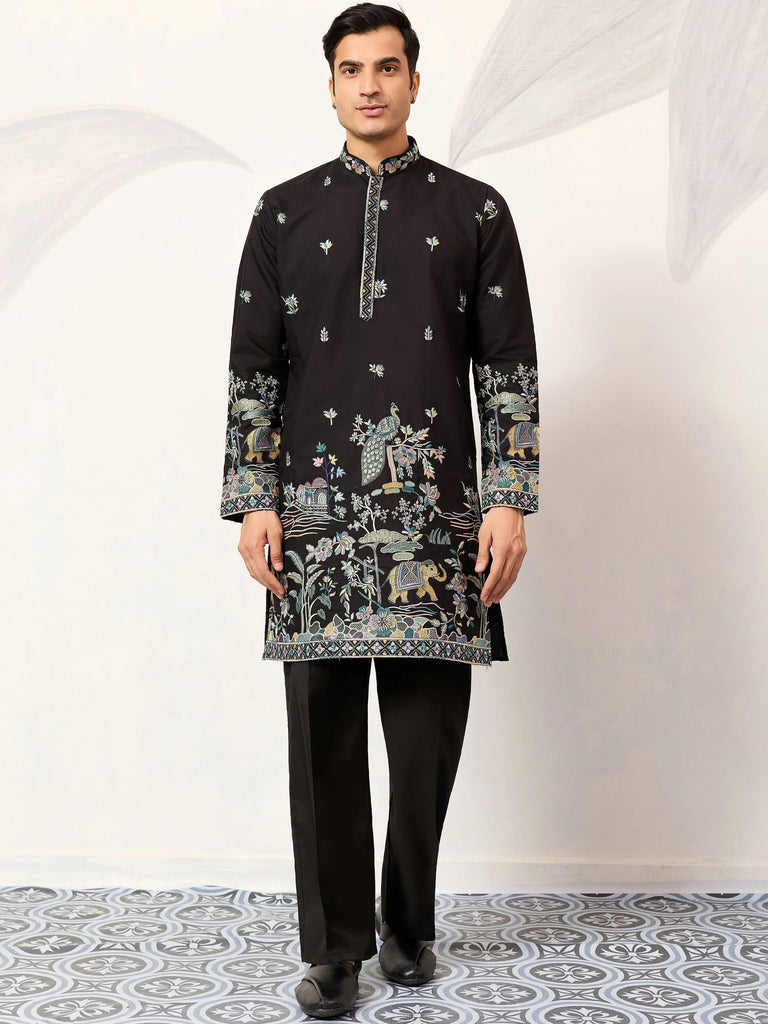 Impressive Black Thread Embroidered Silk Function Wear Men’s Kurta 