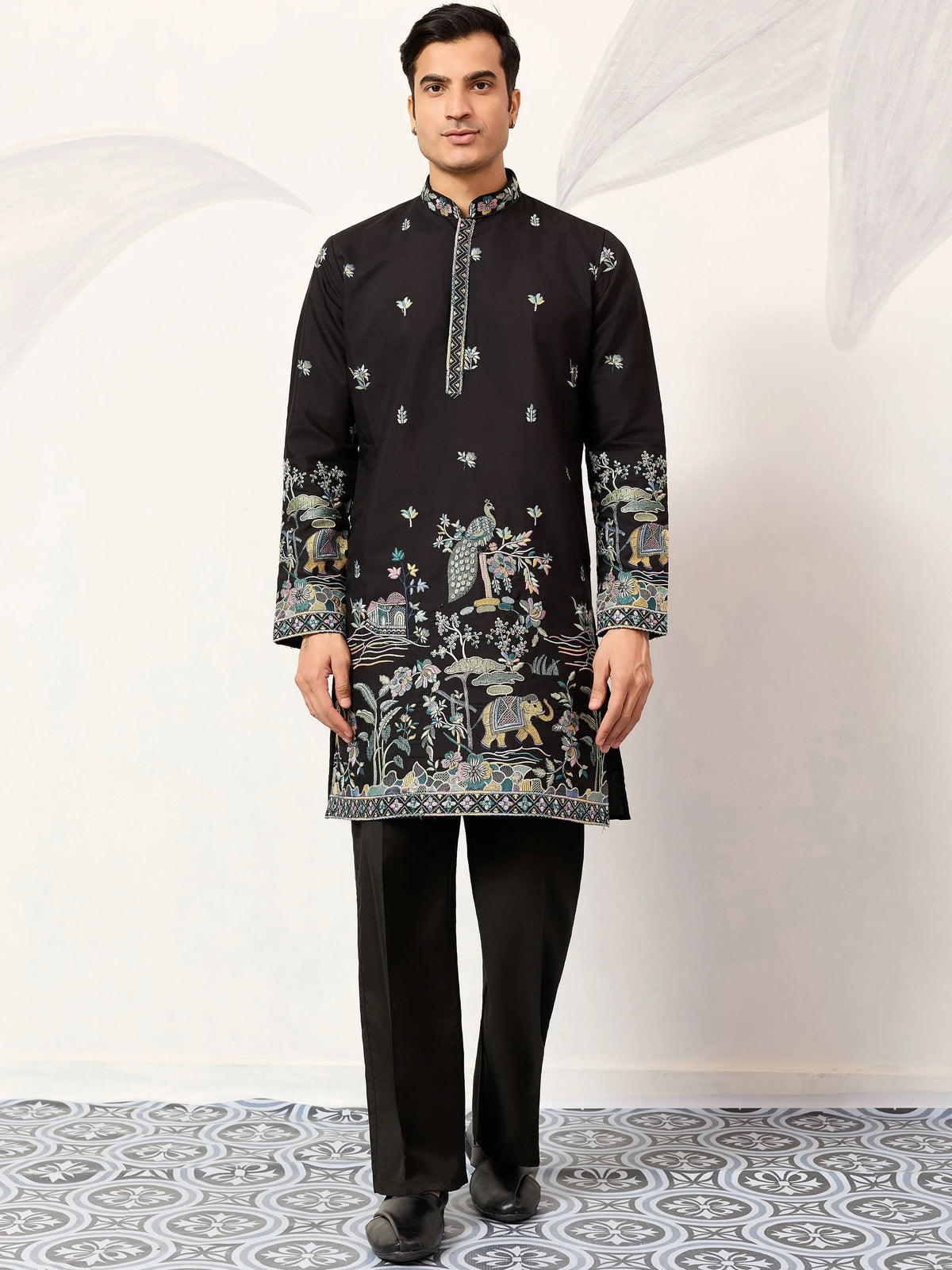 Impressive Black Thread Embroidered Silk Function Wear Men’s Kurta 