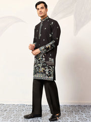 Impressive Black Thread Embroidered Silk Function Wear Men’s Kurta 