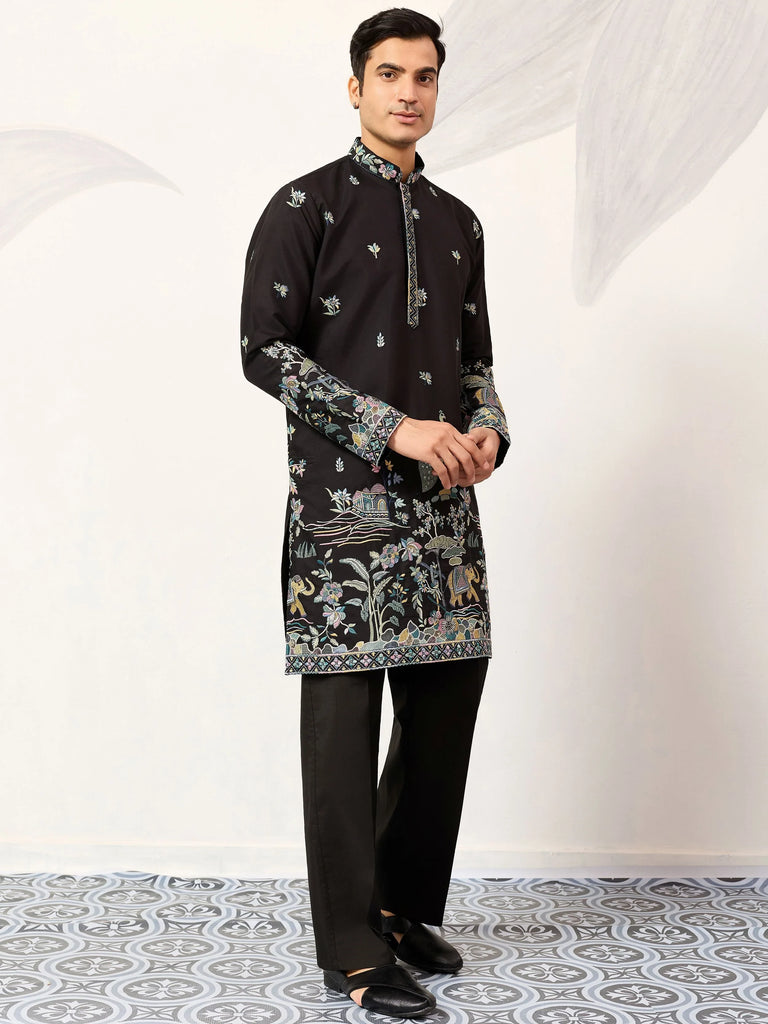 Impressive Black Thread Embroidered Silk Function Wear Men’s Kurta 