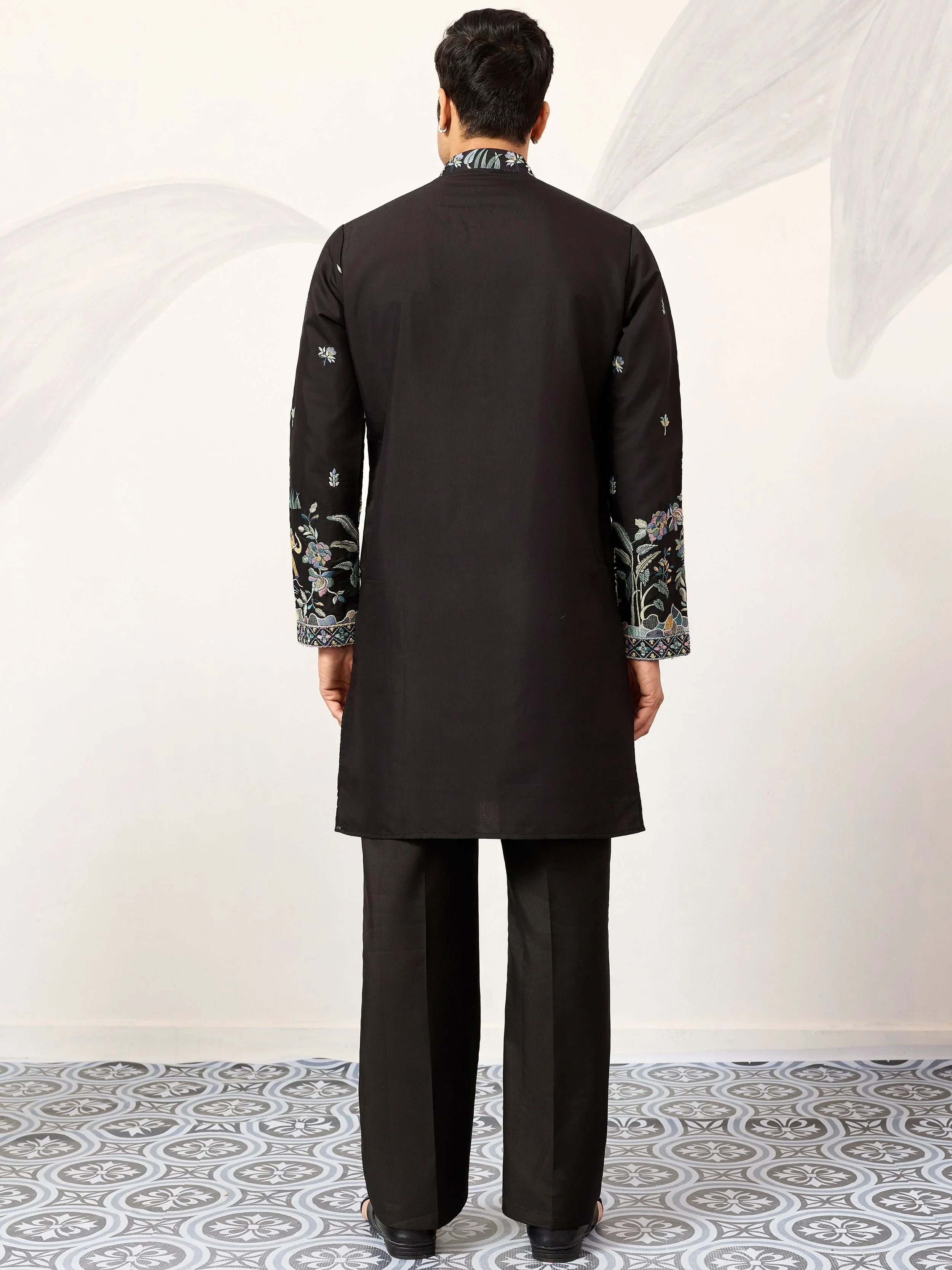 Impressive Black Thread Embroidered Silk Function Wear Men’s Kurta 