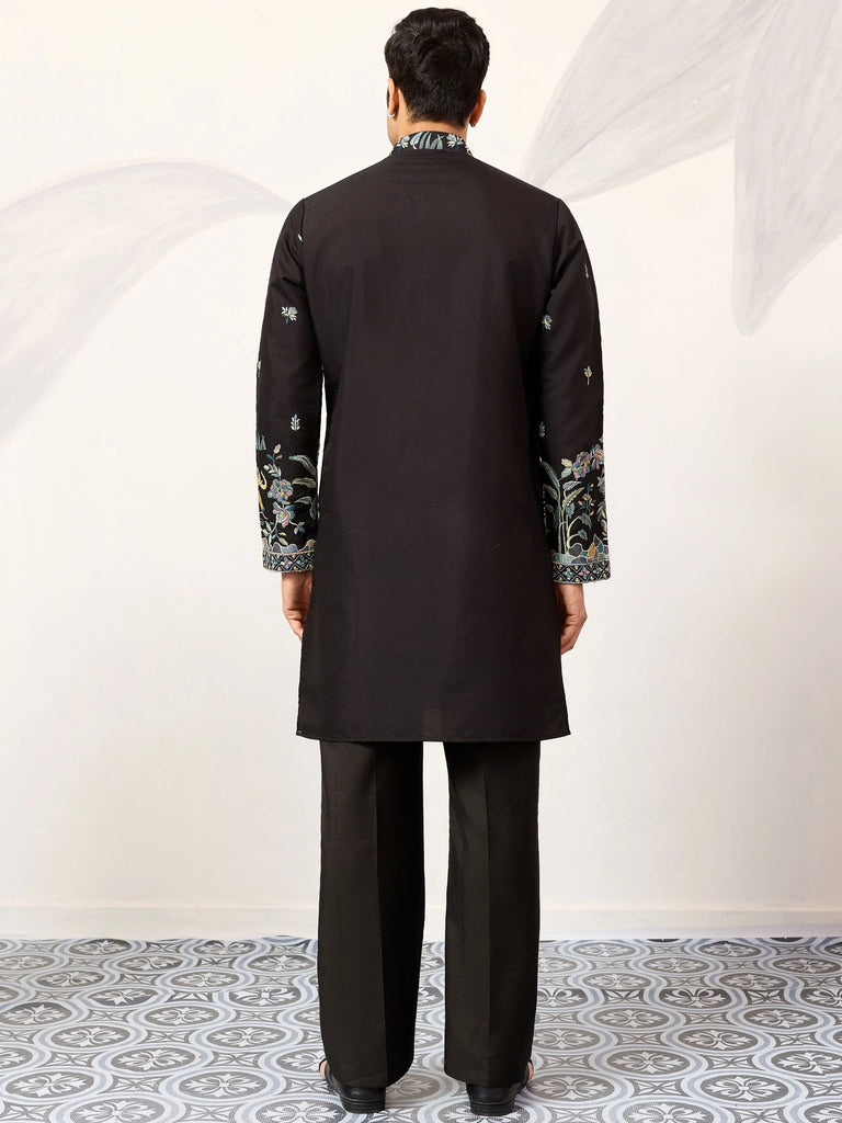 Impressive Black Thread Embroidered Silk Function Wear Men’s Kurta 