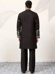 Impressive Black Thread Embroidered Silk Function Wear Men’s Kurta 